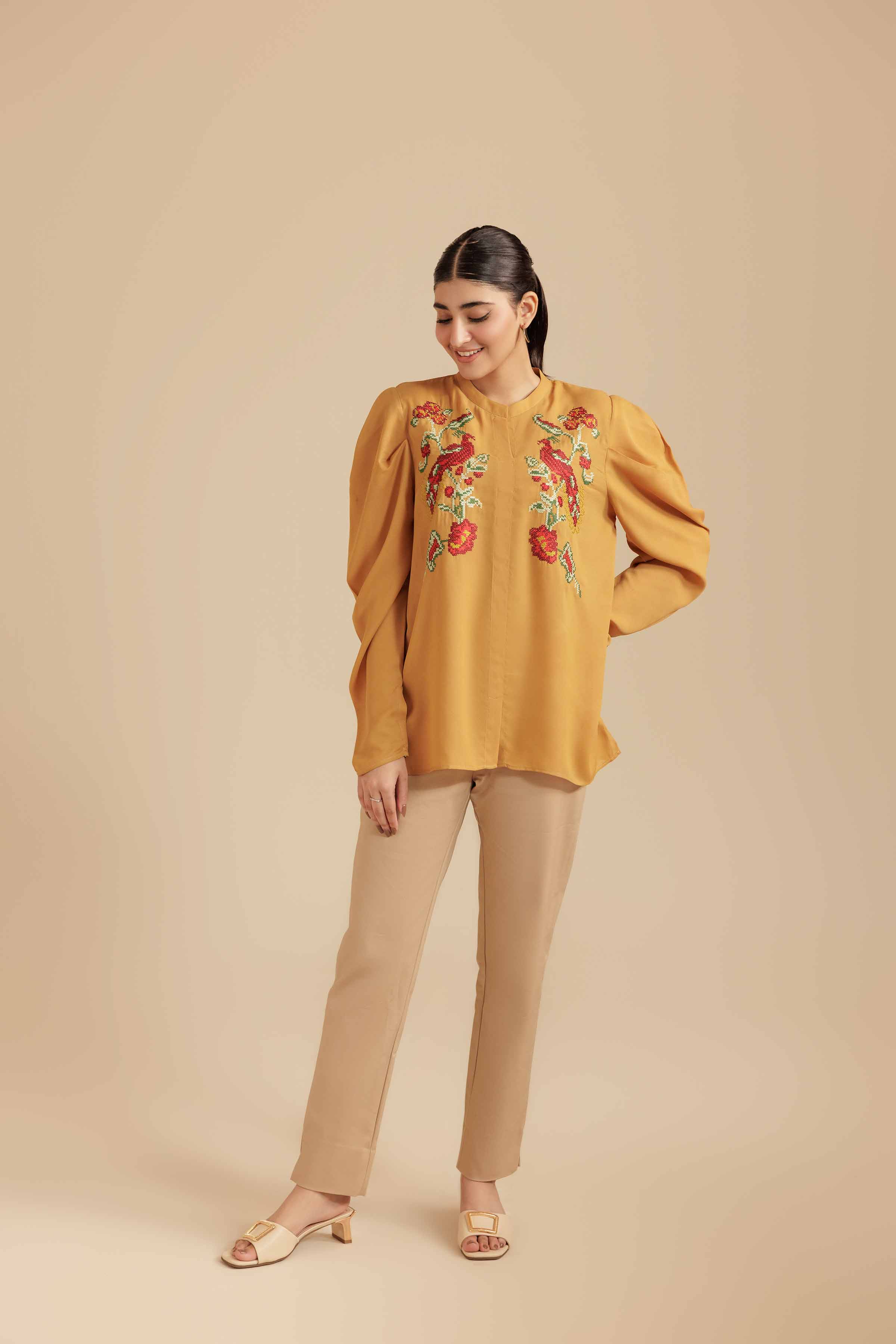 NISHATUAE - Mustard Embroidered Georgette Ready to wear Tunic