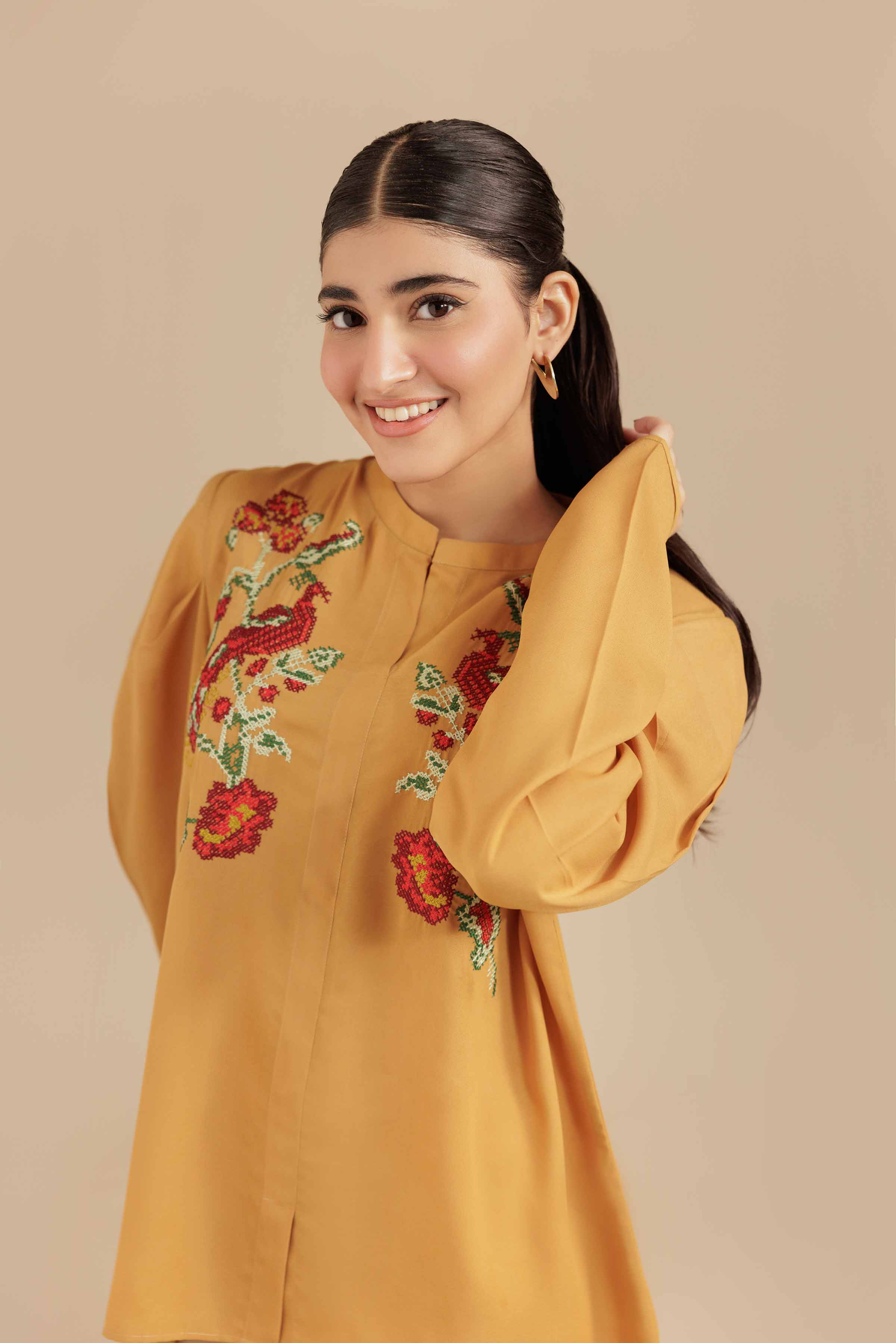 NISHATUAE - Mustard Embroidered Georgette Ready to wear Tunic
