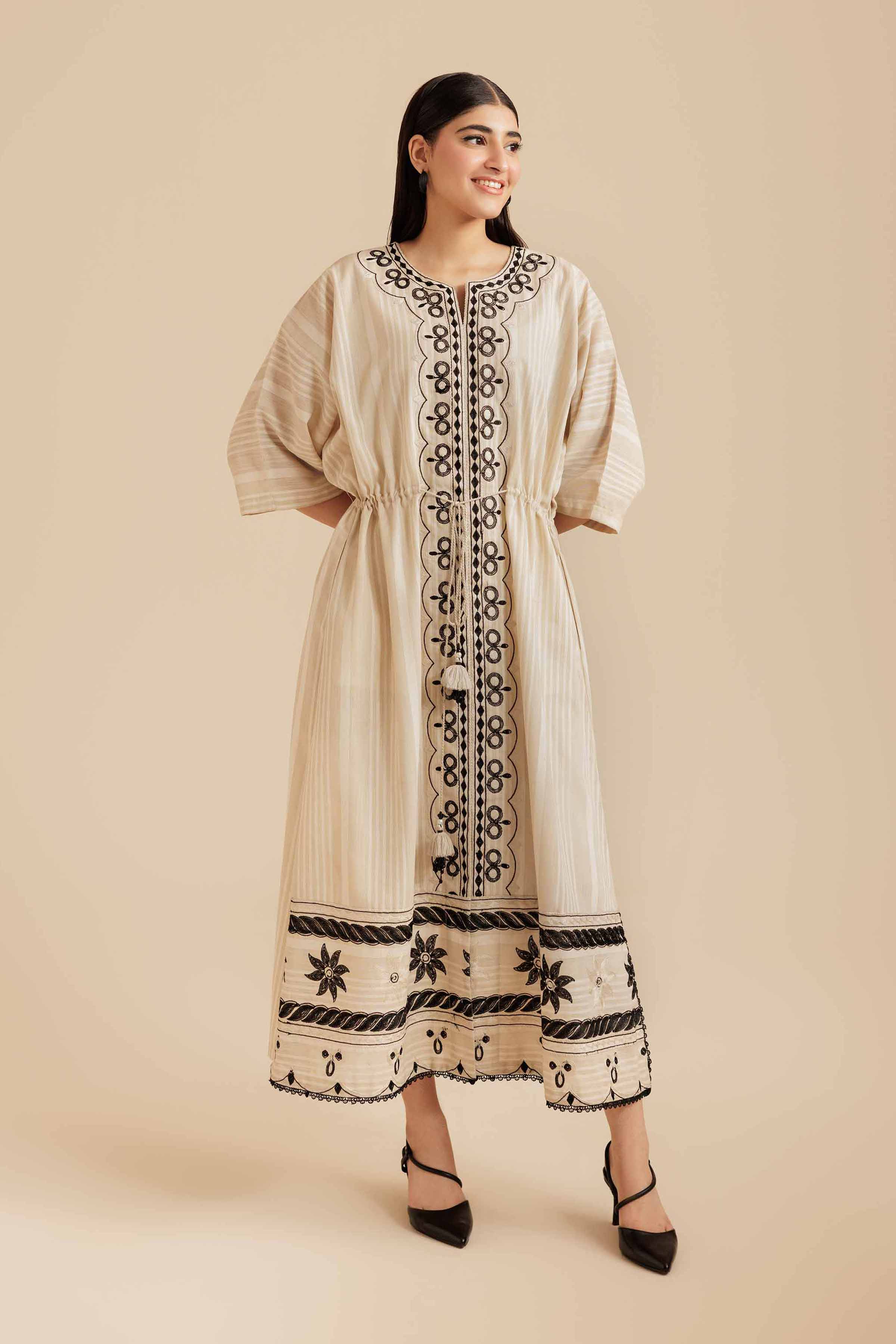 NISHATUAE - Beige Embroidered Cotton Ready to wear Dress