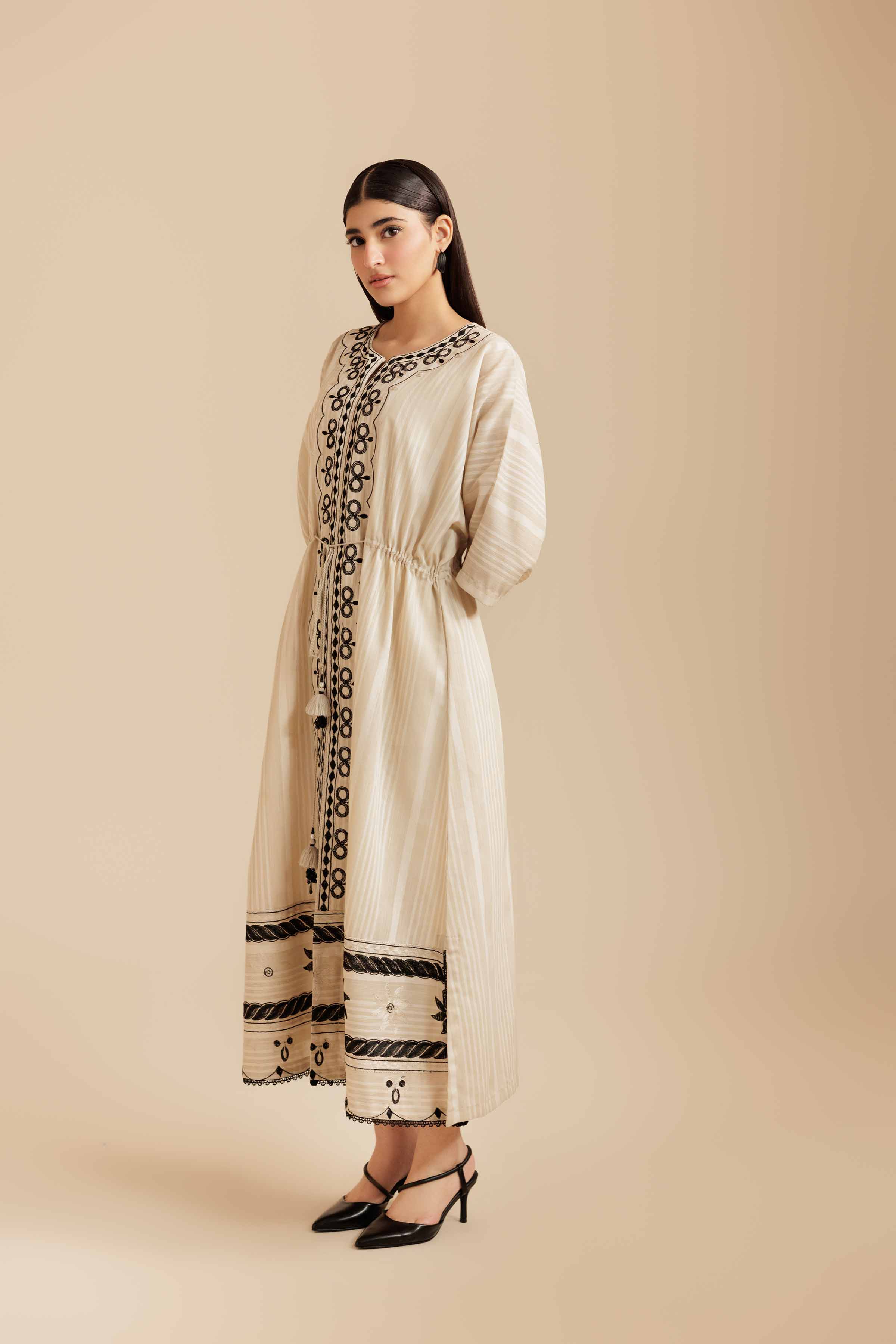 NISHATUAE - Beige Embroidered Cotton Ready to wear Dress