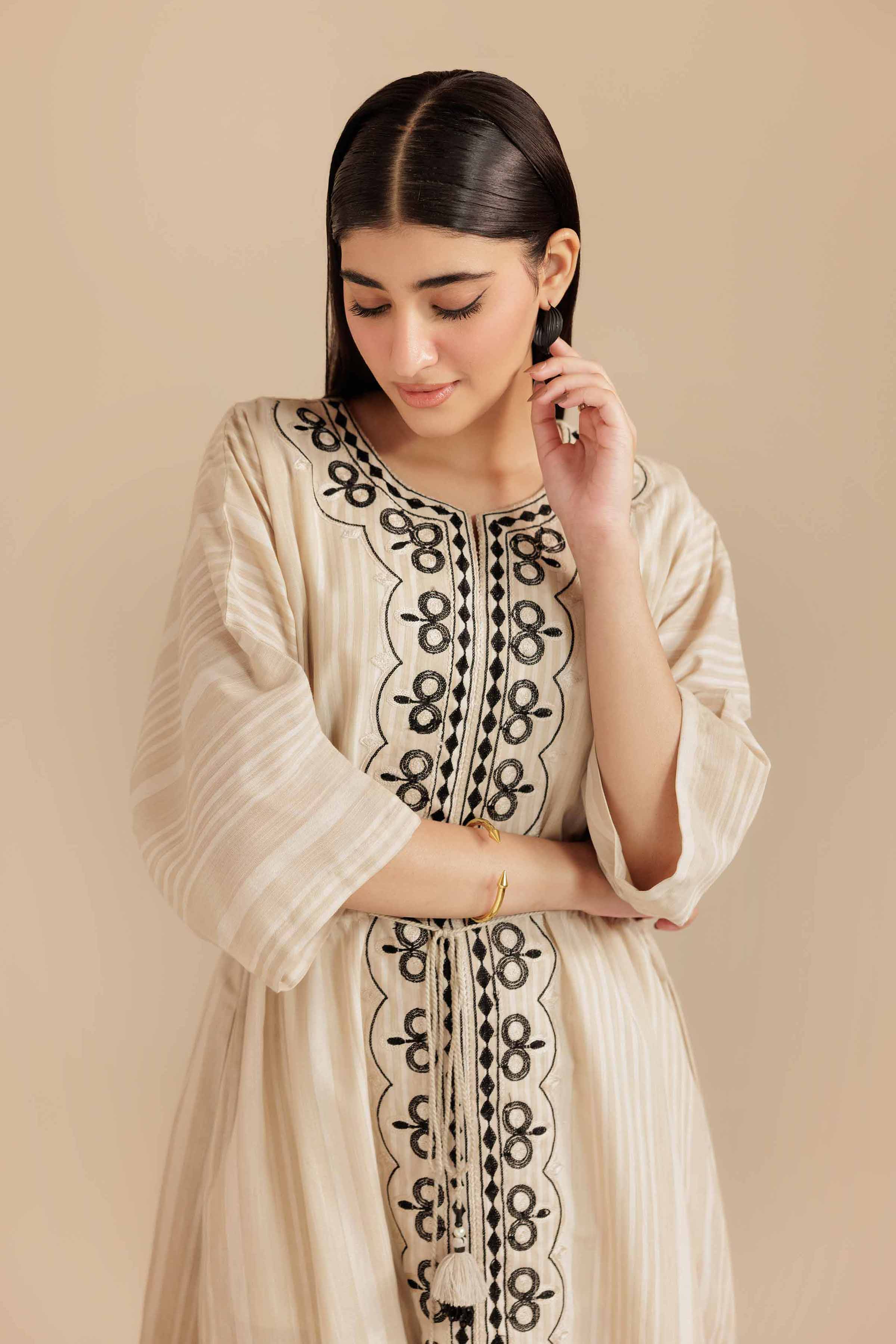 NISHATUAE - Beige Embroidered Cotton Ready to wear Dress