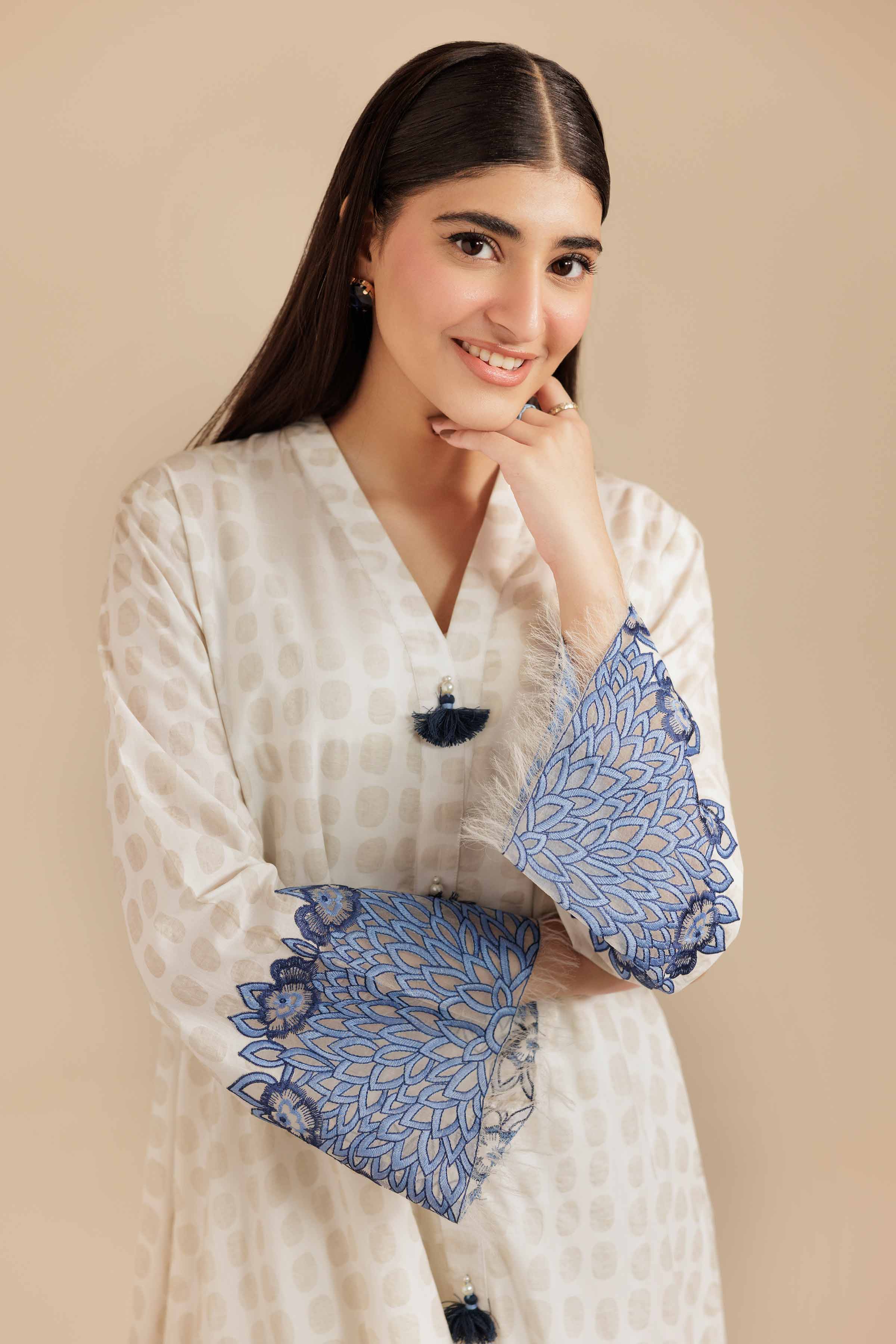 NISHATUAE - White Embroidered Burnout Ready to wear Shirt