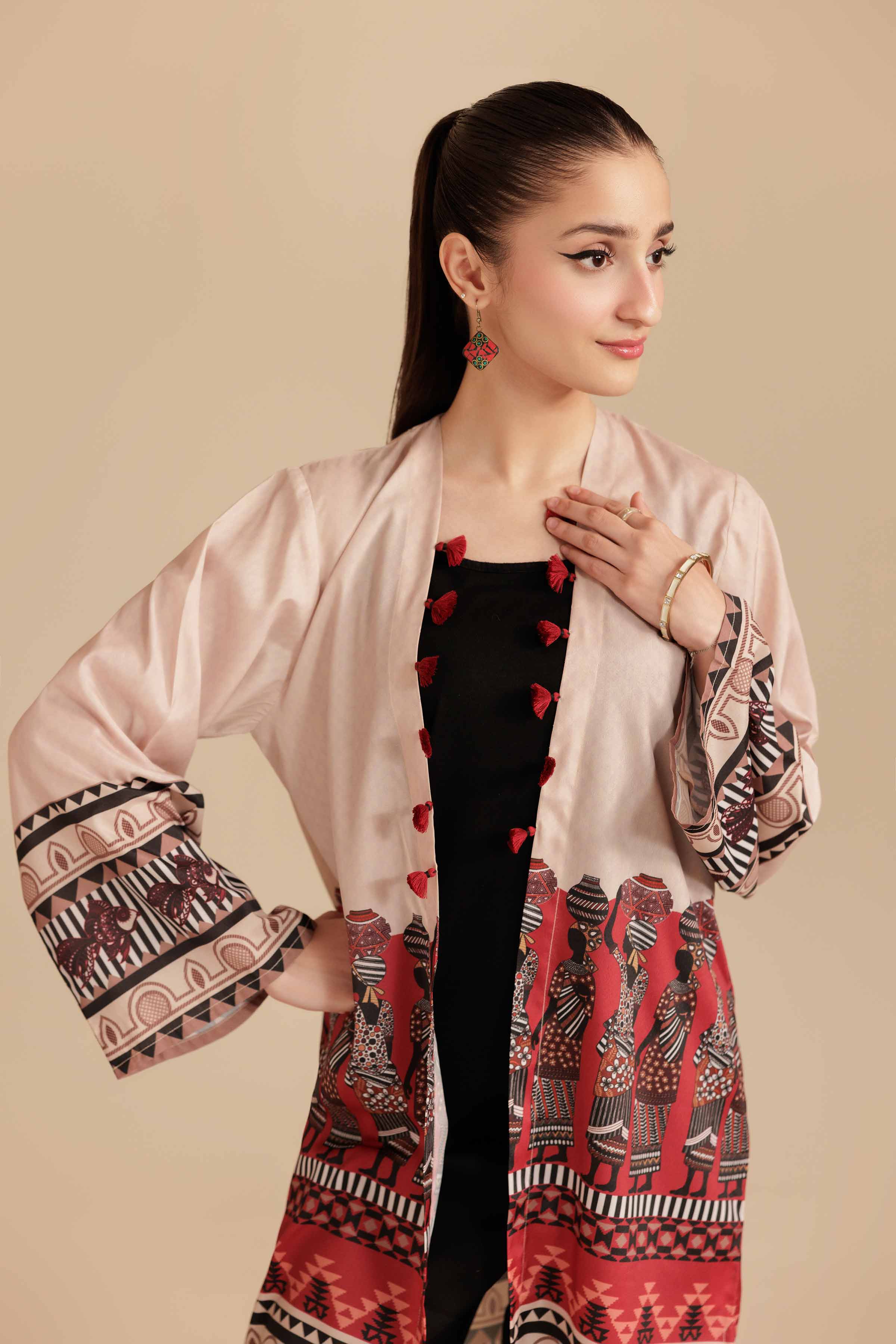 NISHATUAE - Beige Printed Silk Ready to wear Jacket
