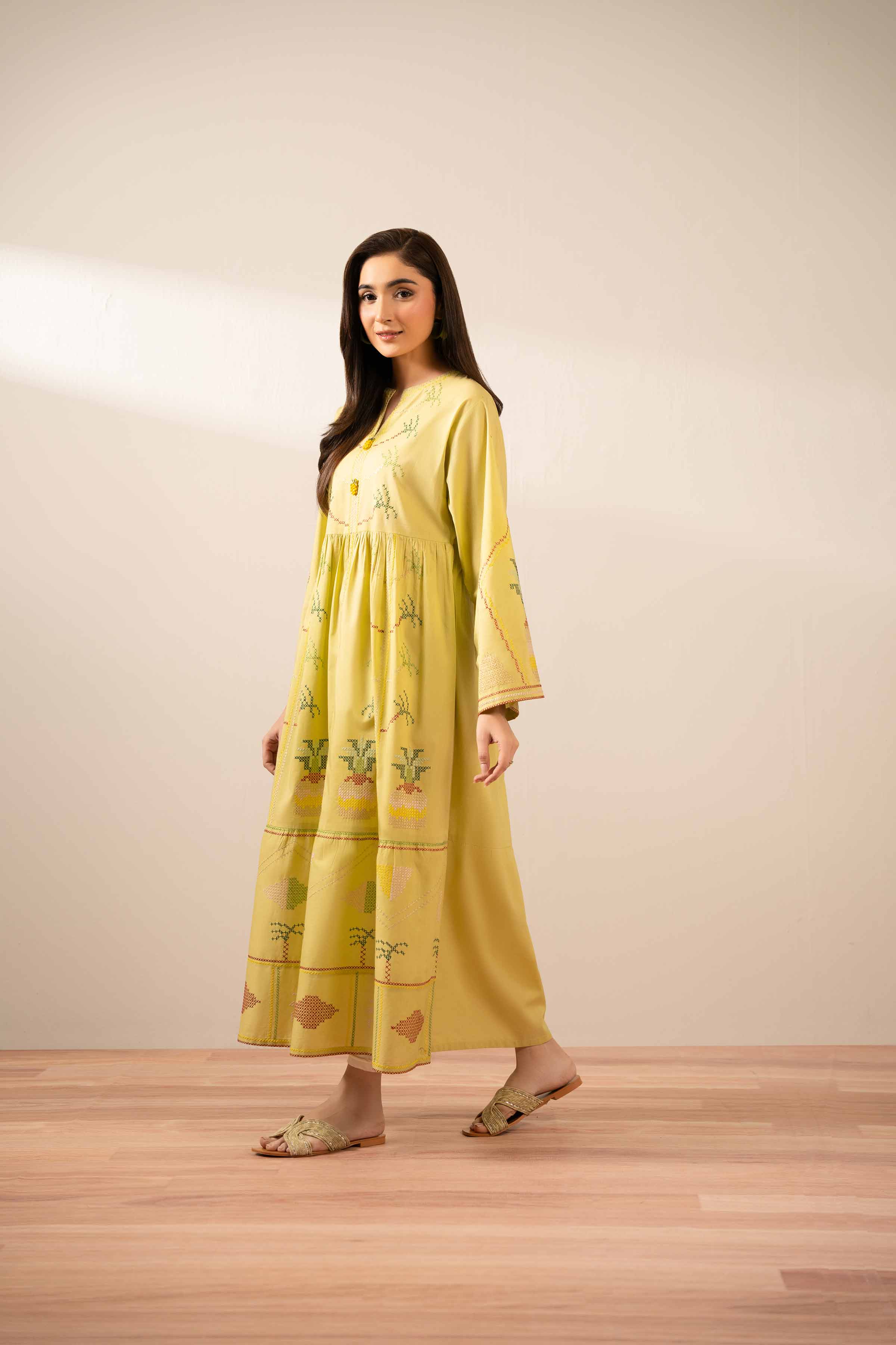 NISHATUAE - Green Embroidered Cambric Ready to wear Dress