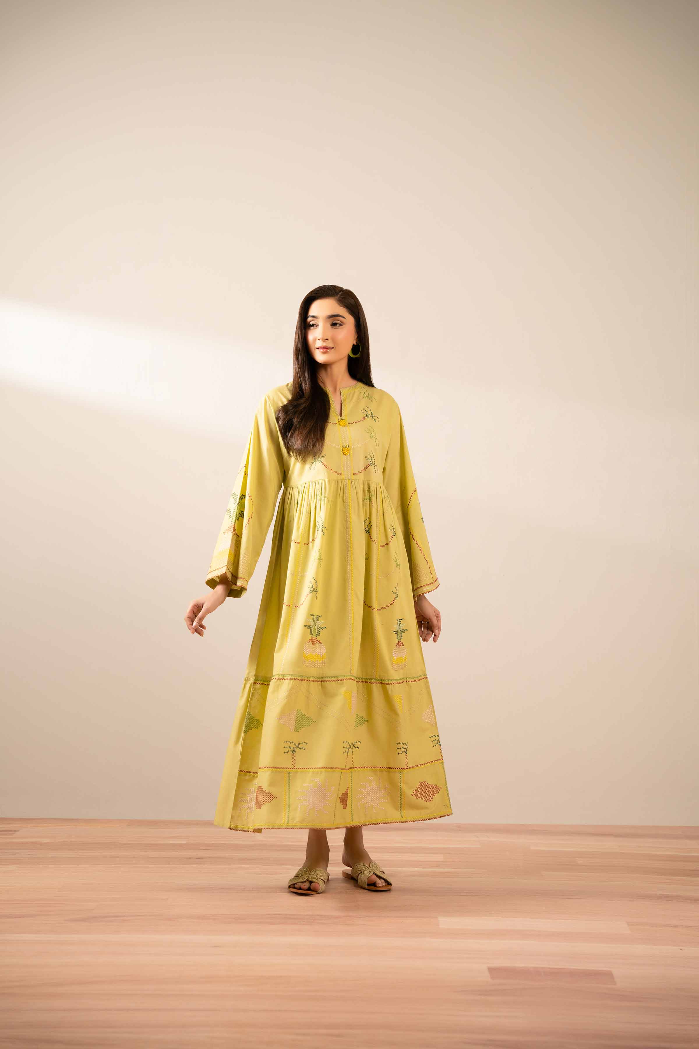 NISHATUAE - Green Embroidered Cambric Ready to wear Dress