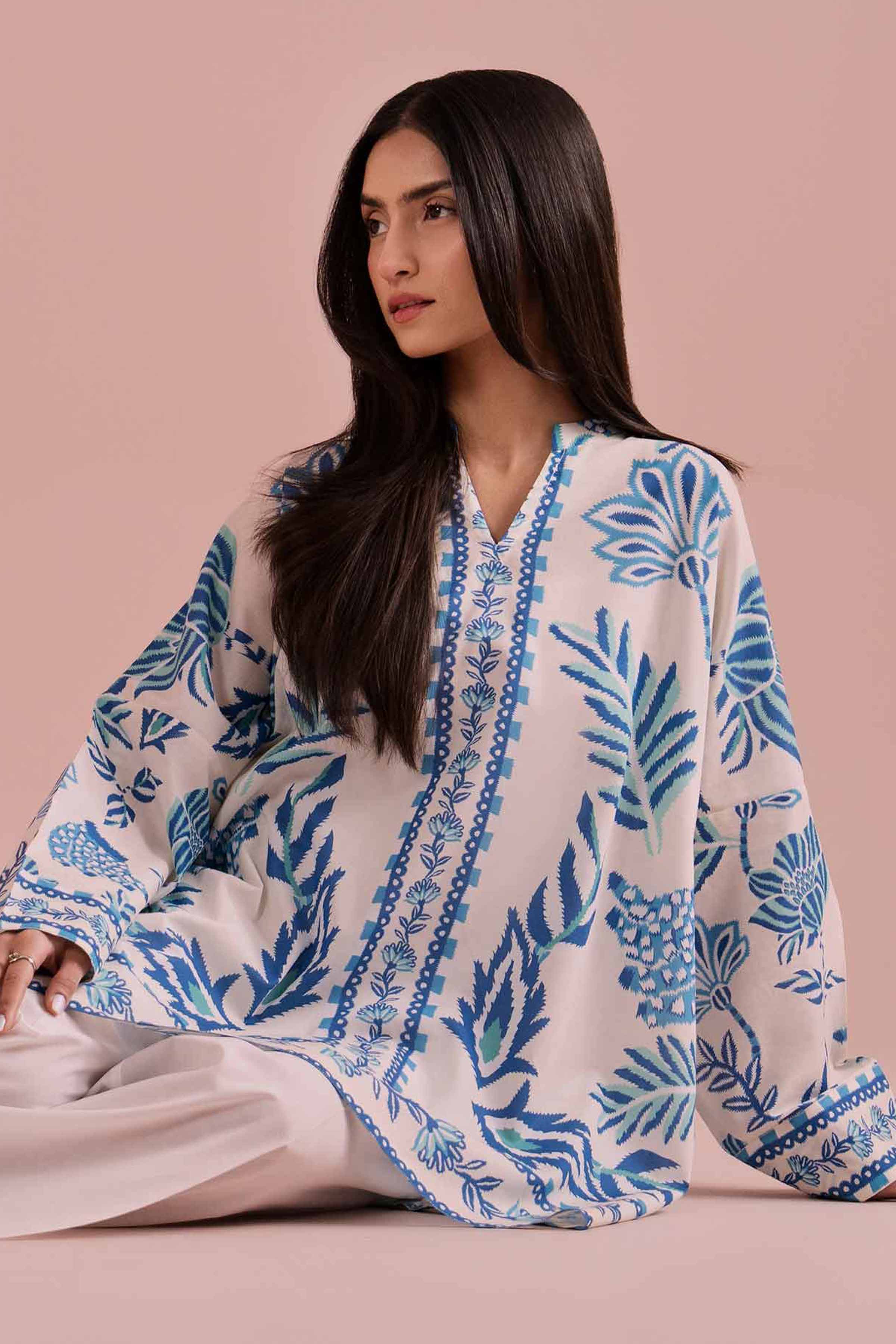 Printed Tunic - AS26-13 NishatUAE White Cambric 1PC Printed Ready To Wear