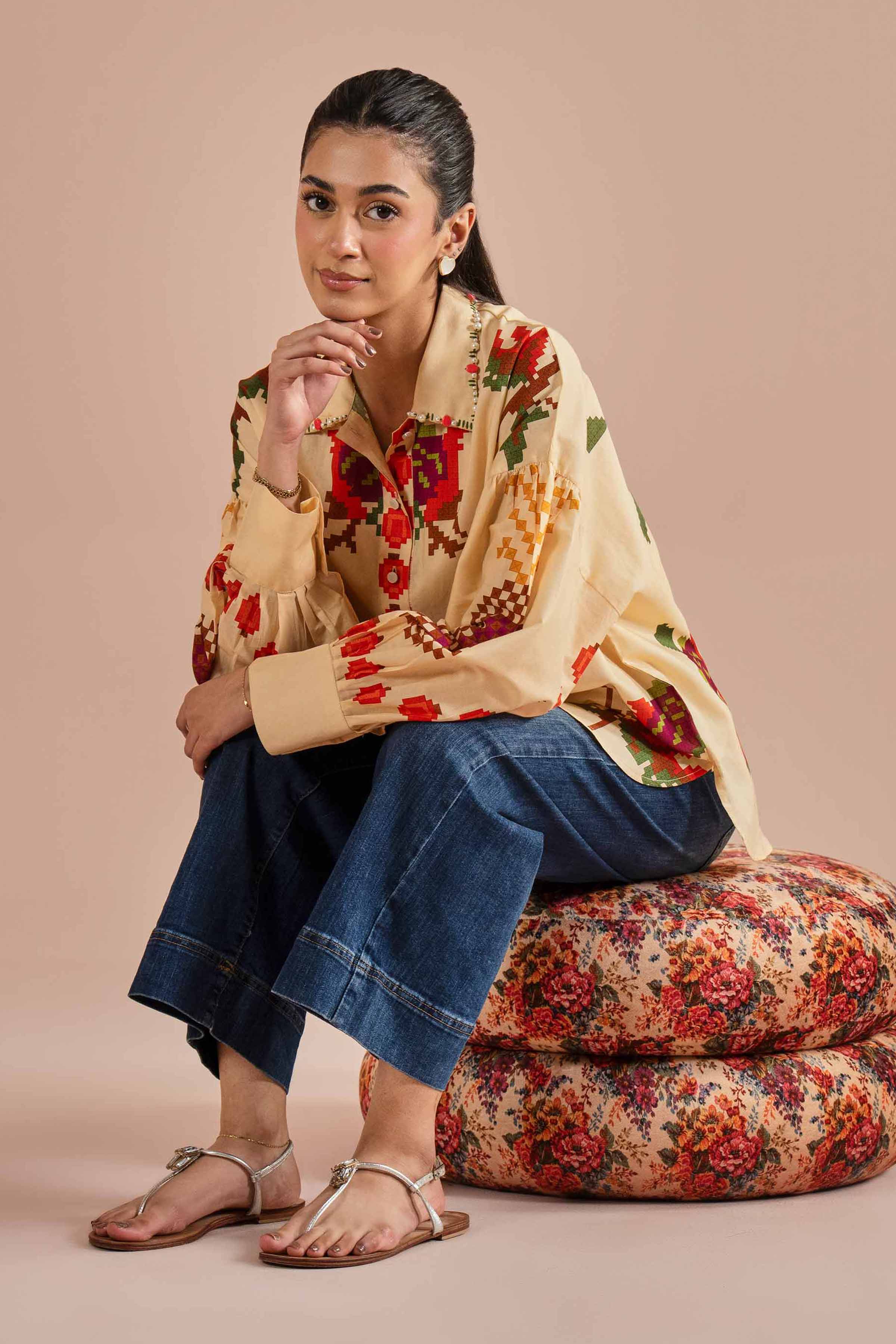 Printed Shirt- AS26-18 Beige Cambric 1PC Printed