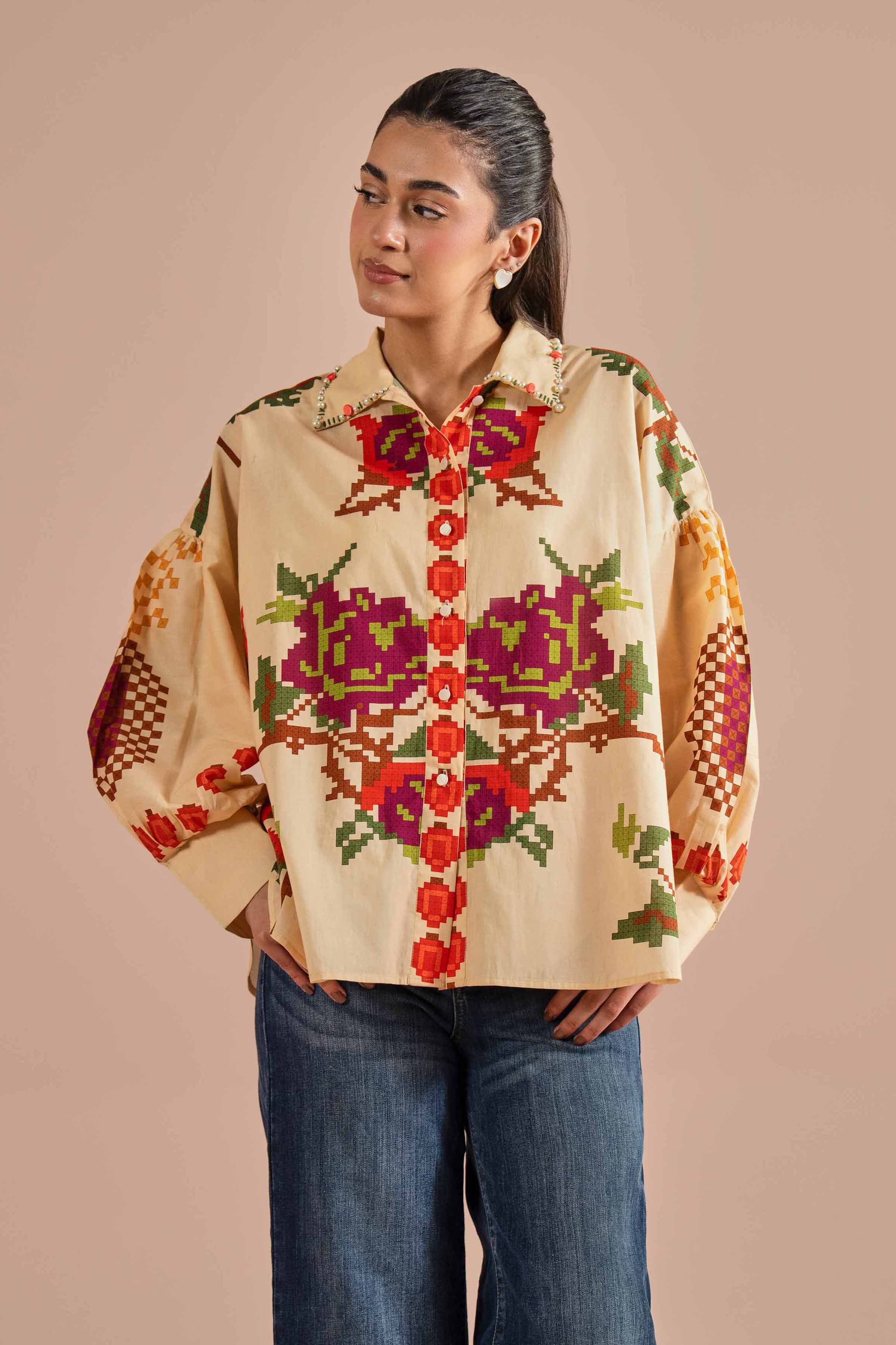 Printed Shirt- AS26-18 Beige Cambric 1PC Printed