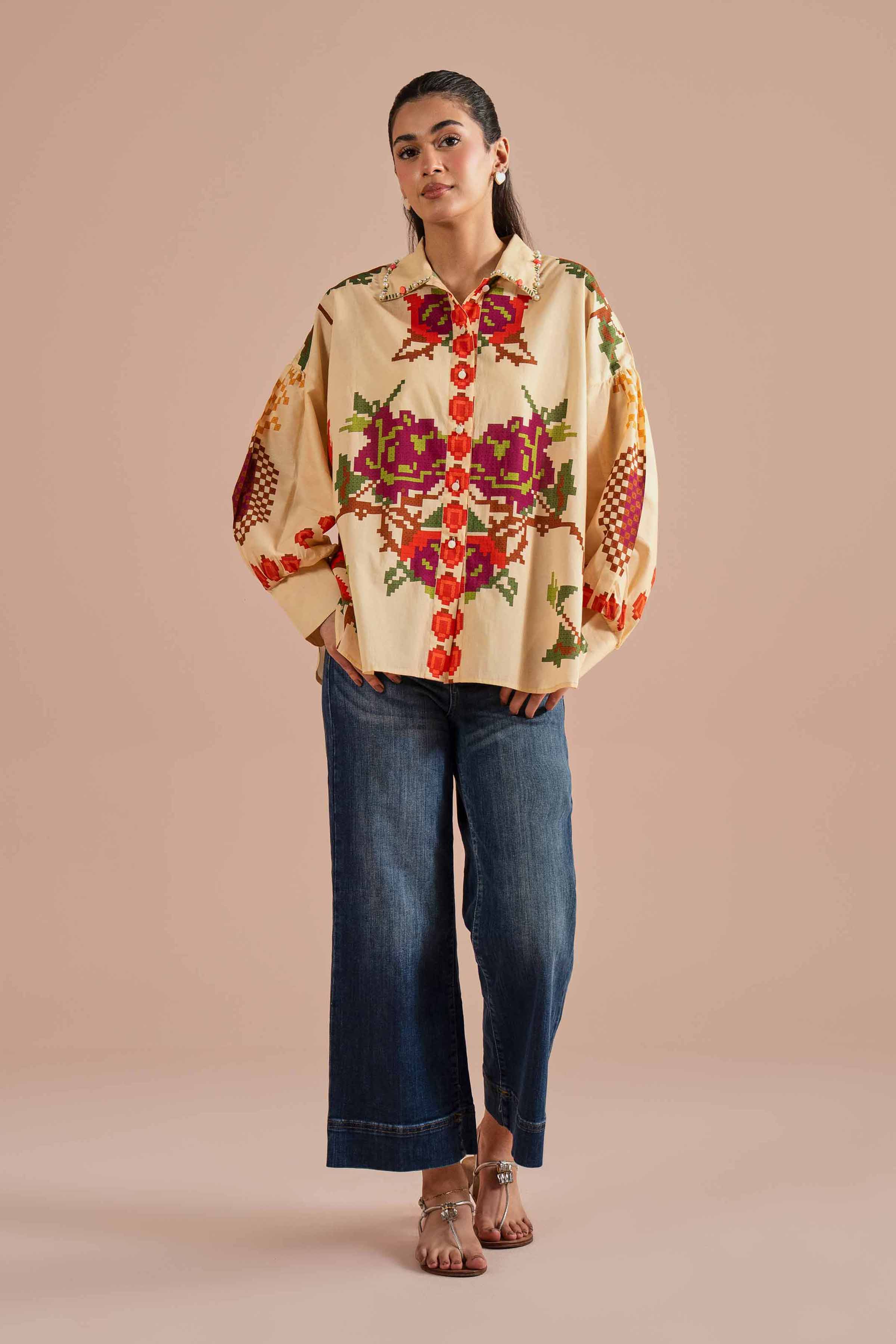 Printed Shirt- AS26-18 Beige Cambric 1PC Printed