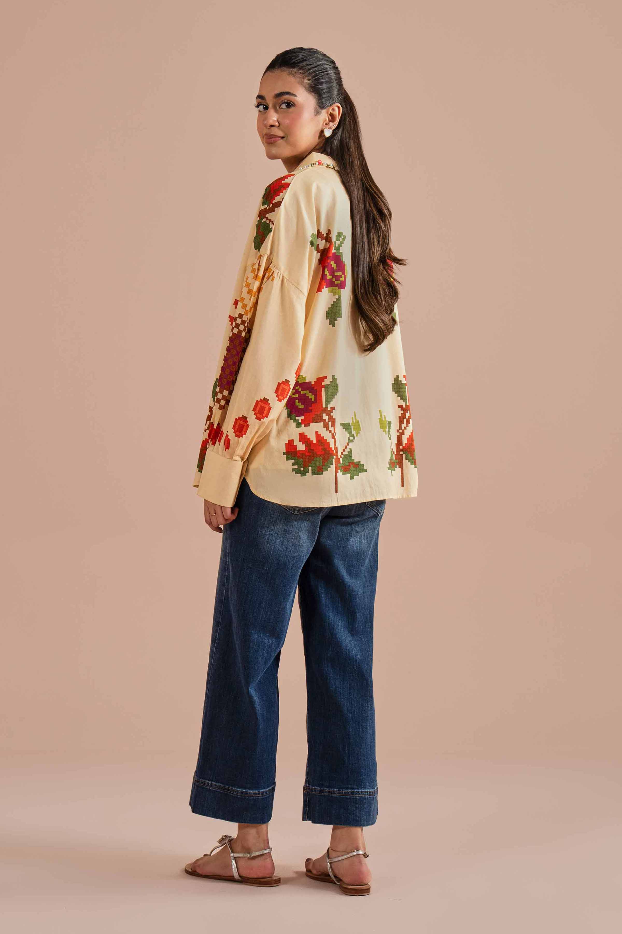 Printed Shirt- AS26-18 Beige Cambric 1PC Printed