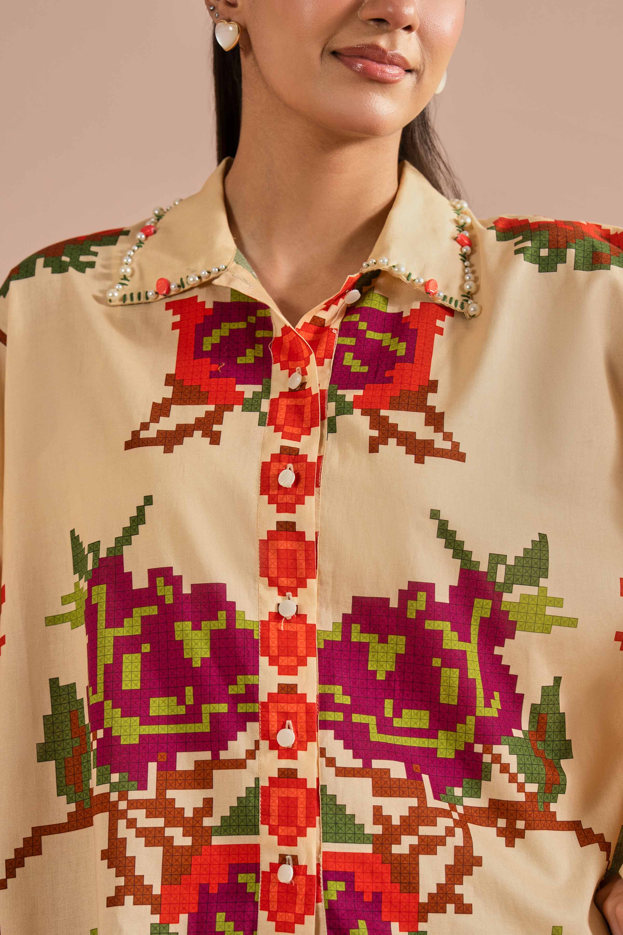 Printed Shirt- AS26-18 Beige Cambric 1PC Printed