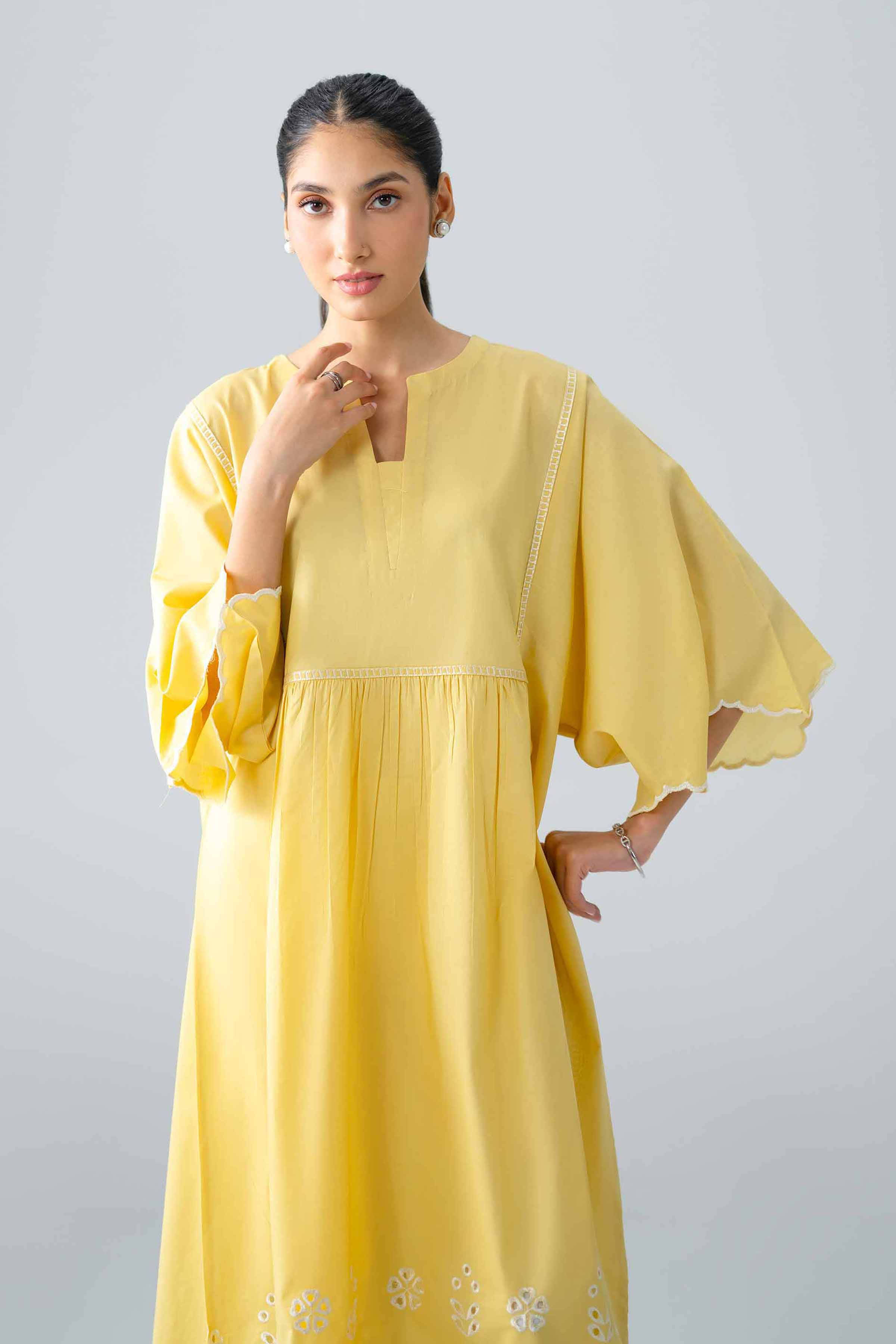 Embroidered Dress - AS26-24 Yellow Cambric 1PC Embroidered READY TO WEAR