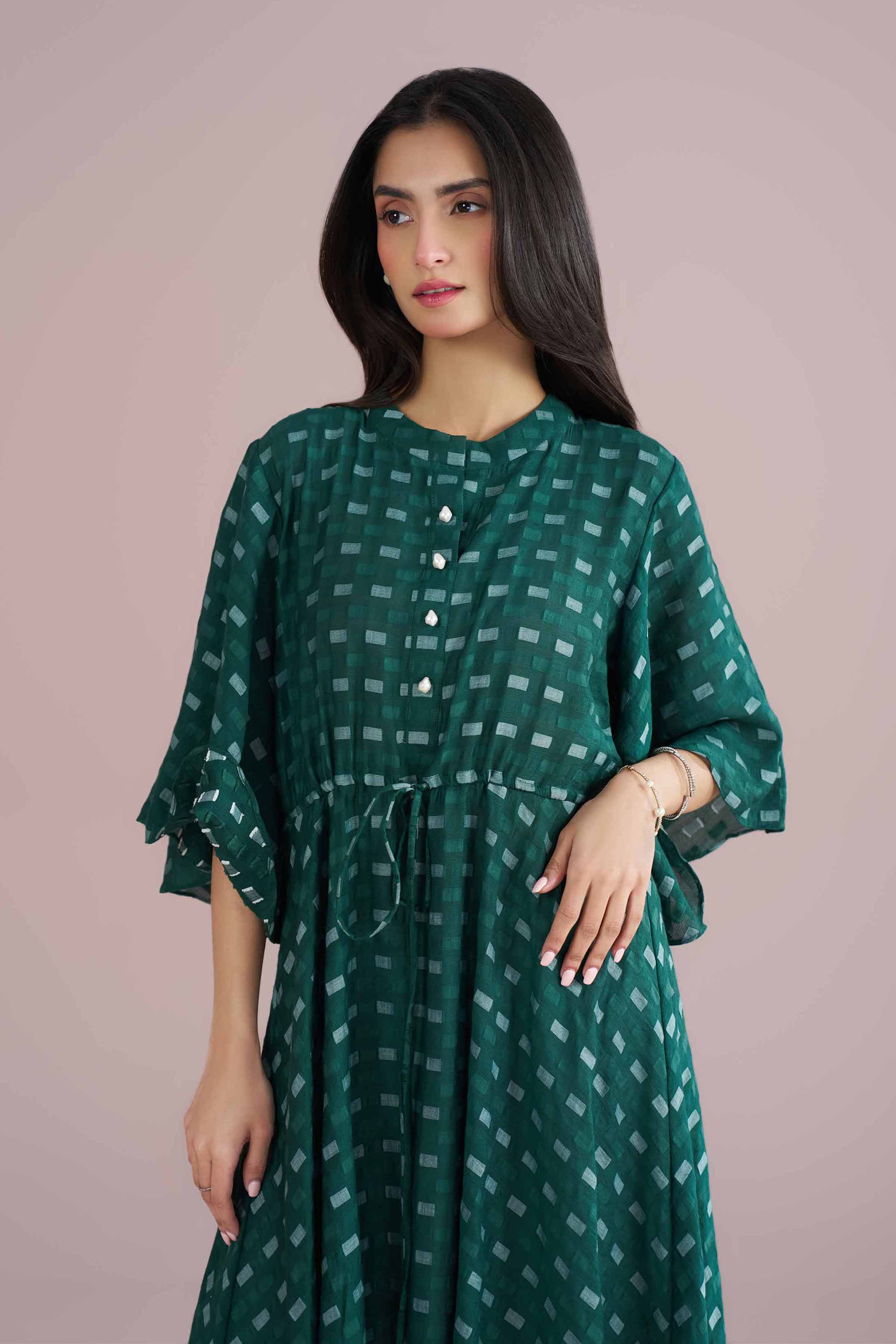 Basic Dress - AS26-27 Green Jacquard 1PC Solids READY TO WEAR