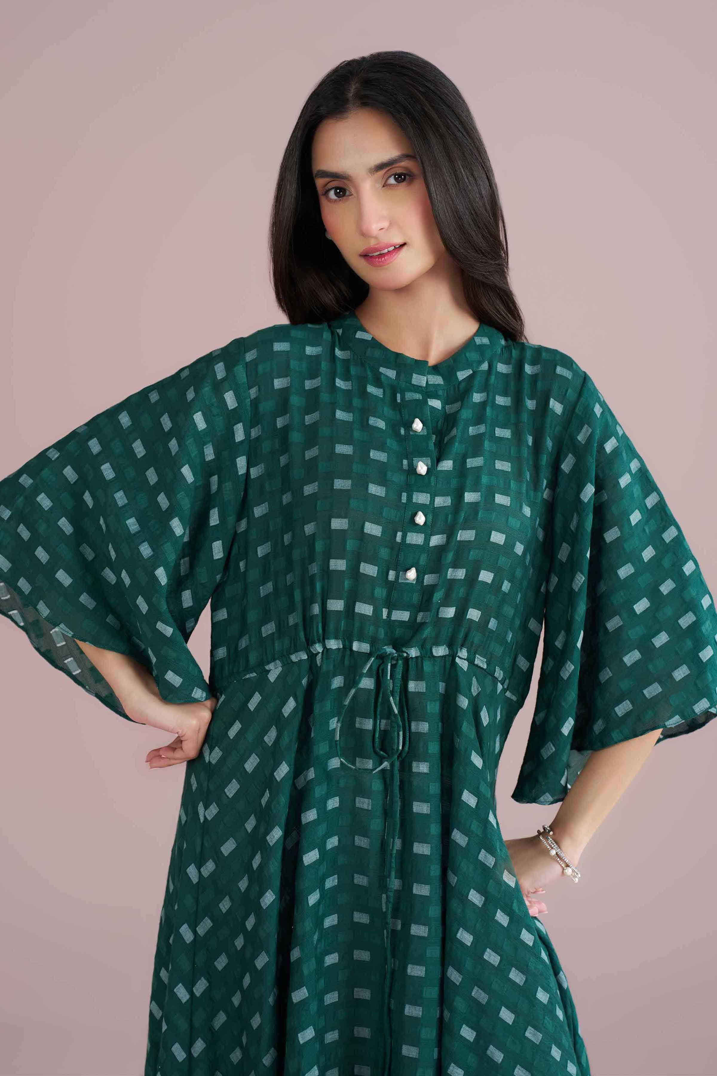 Basic Dress - AS26-27 Green Jacquard 1PC Solids READY TO WEAR