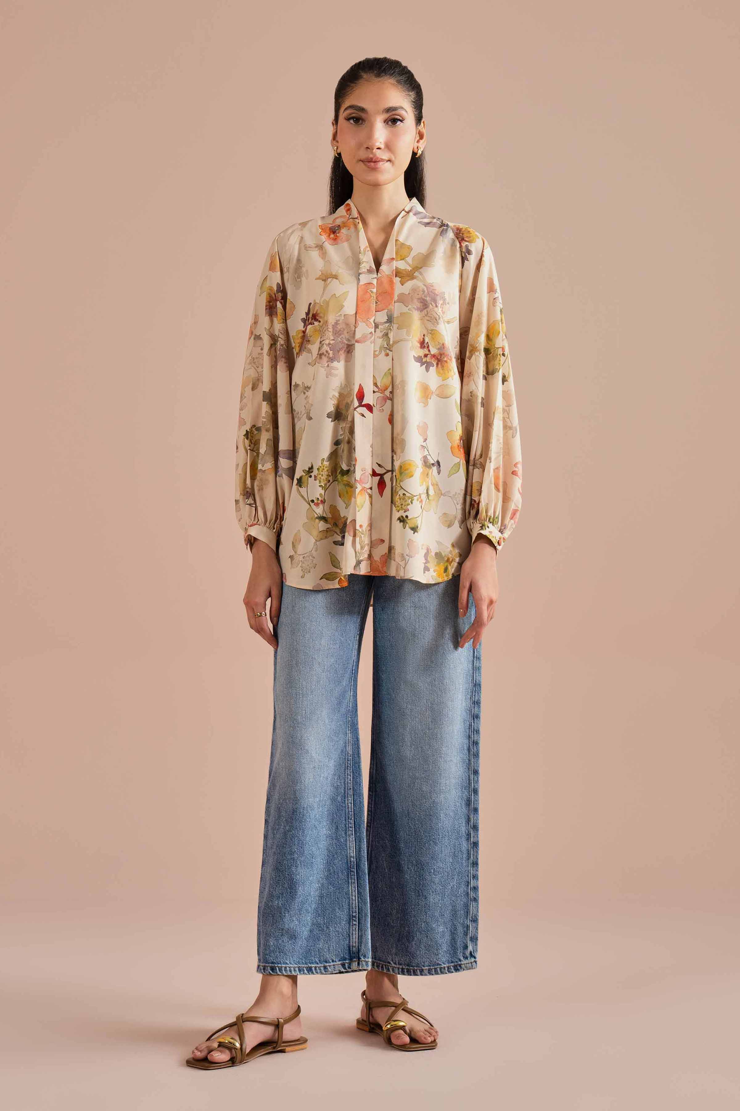 Printed Tunic - AS26-31 Beige Silk 1PC Printed READY TO WEAR