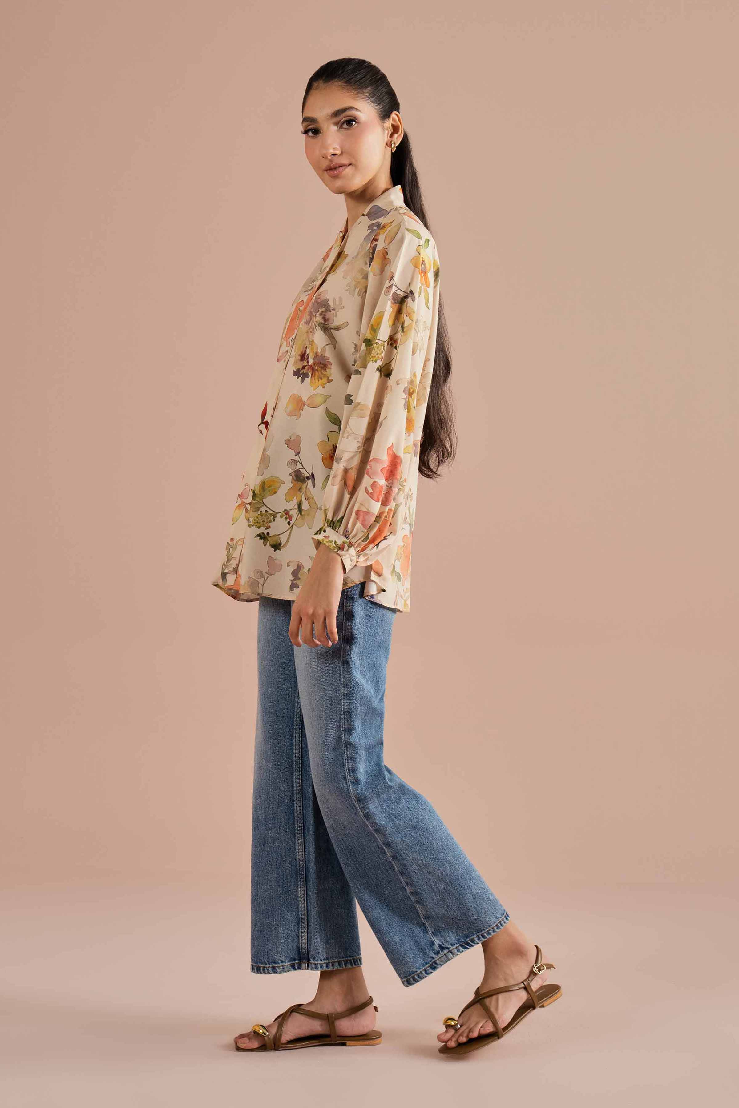 Printed Tunic - AS26-31 Beige Silk 1PC Printed READY TO WEAR