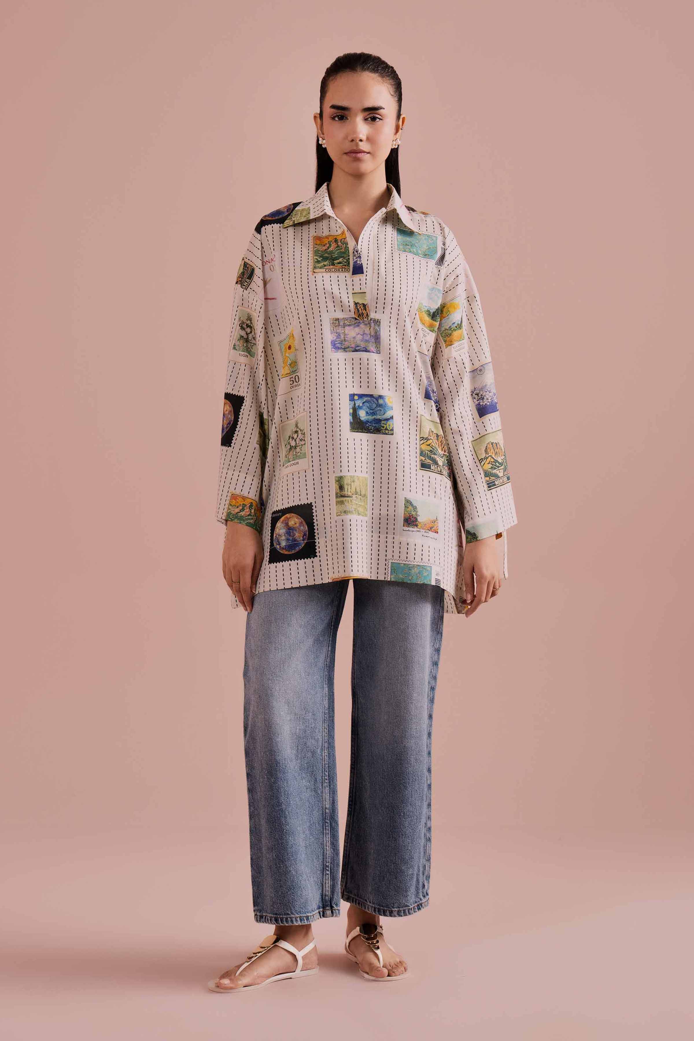 Printed Tunic - AS26-33 White Cambric 1PC Printed READY TO WEAR