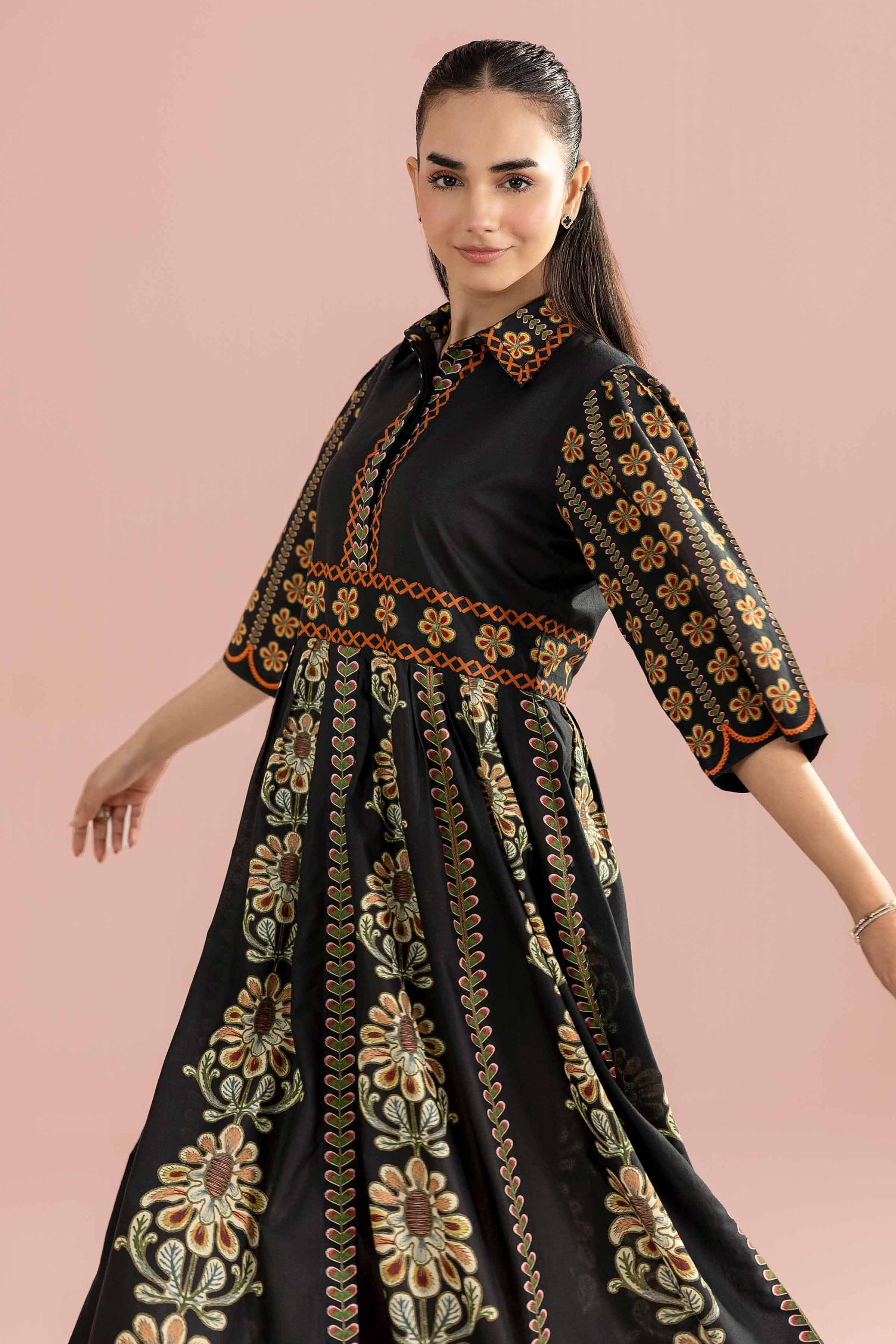 Printed Dress - AS26-34 Black Cambric 1PC Printed READY TO WEAR