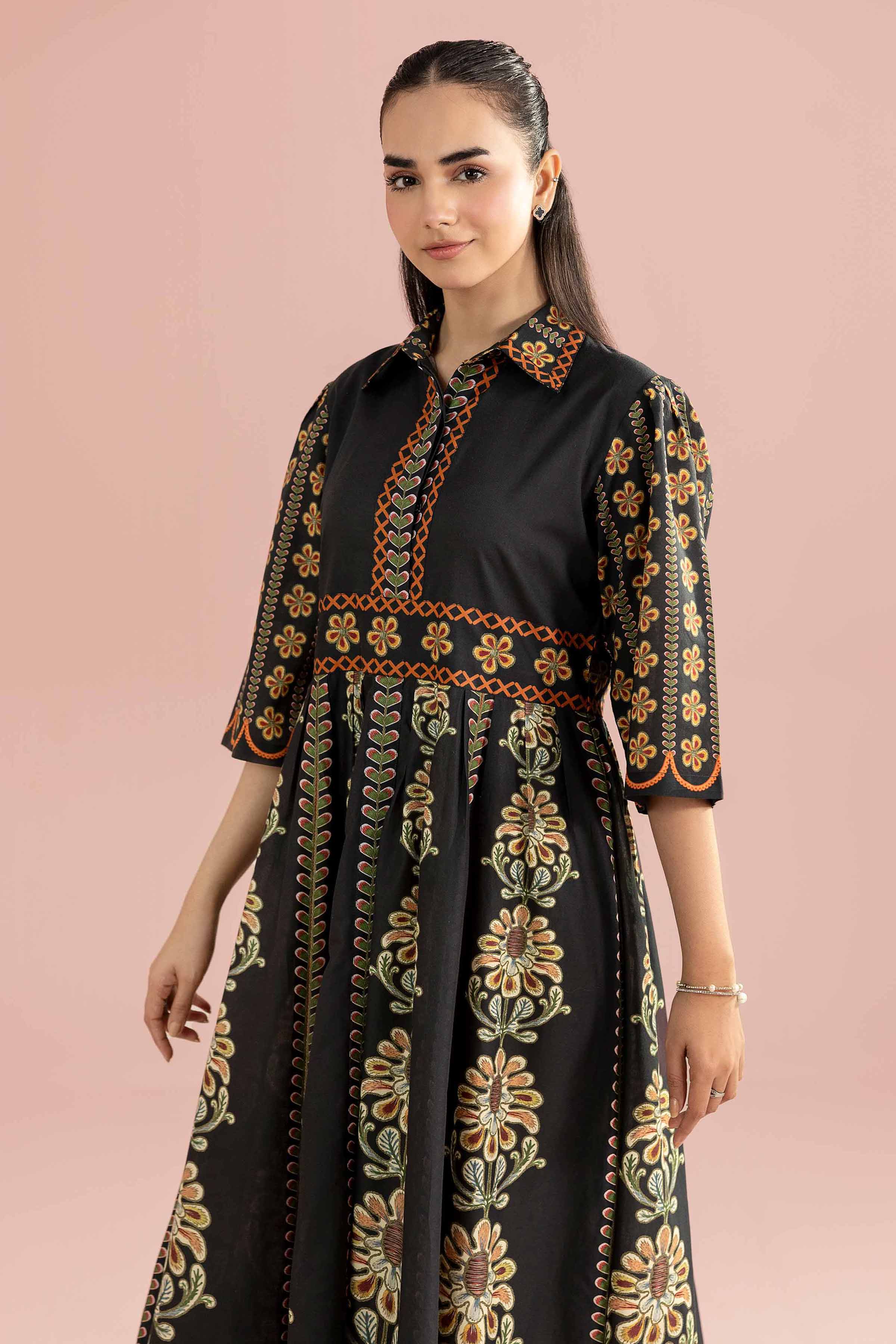 Printed Dress - AS26-34 Black Cambric 1PC Printed READY TO WEAR
