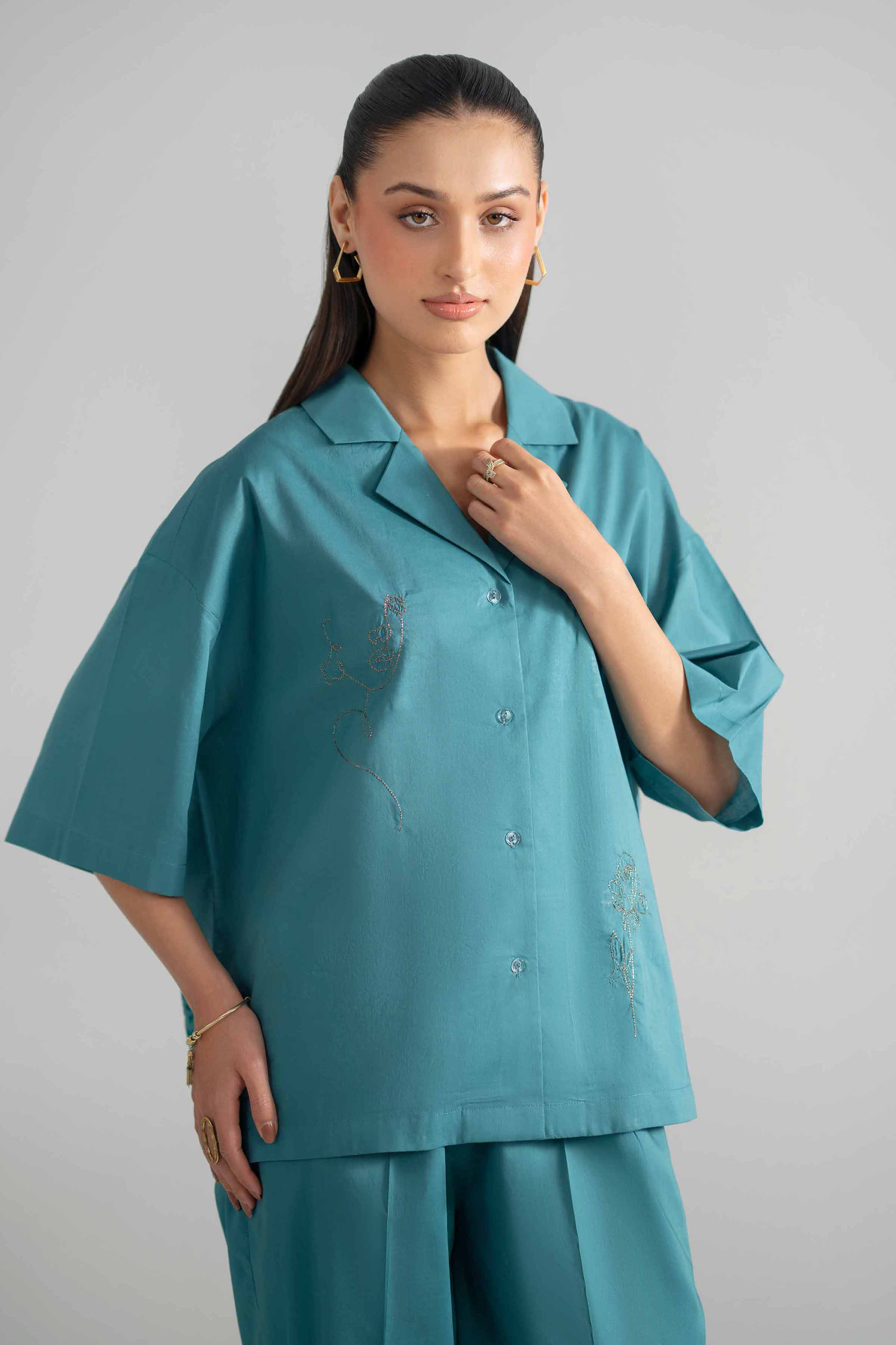 2 Piece - Embroidered Suit - AS26-39 Blue Cambric 2PC Embroidered READY TO WEAR