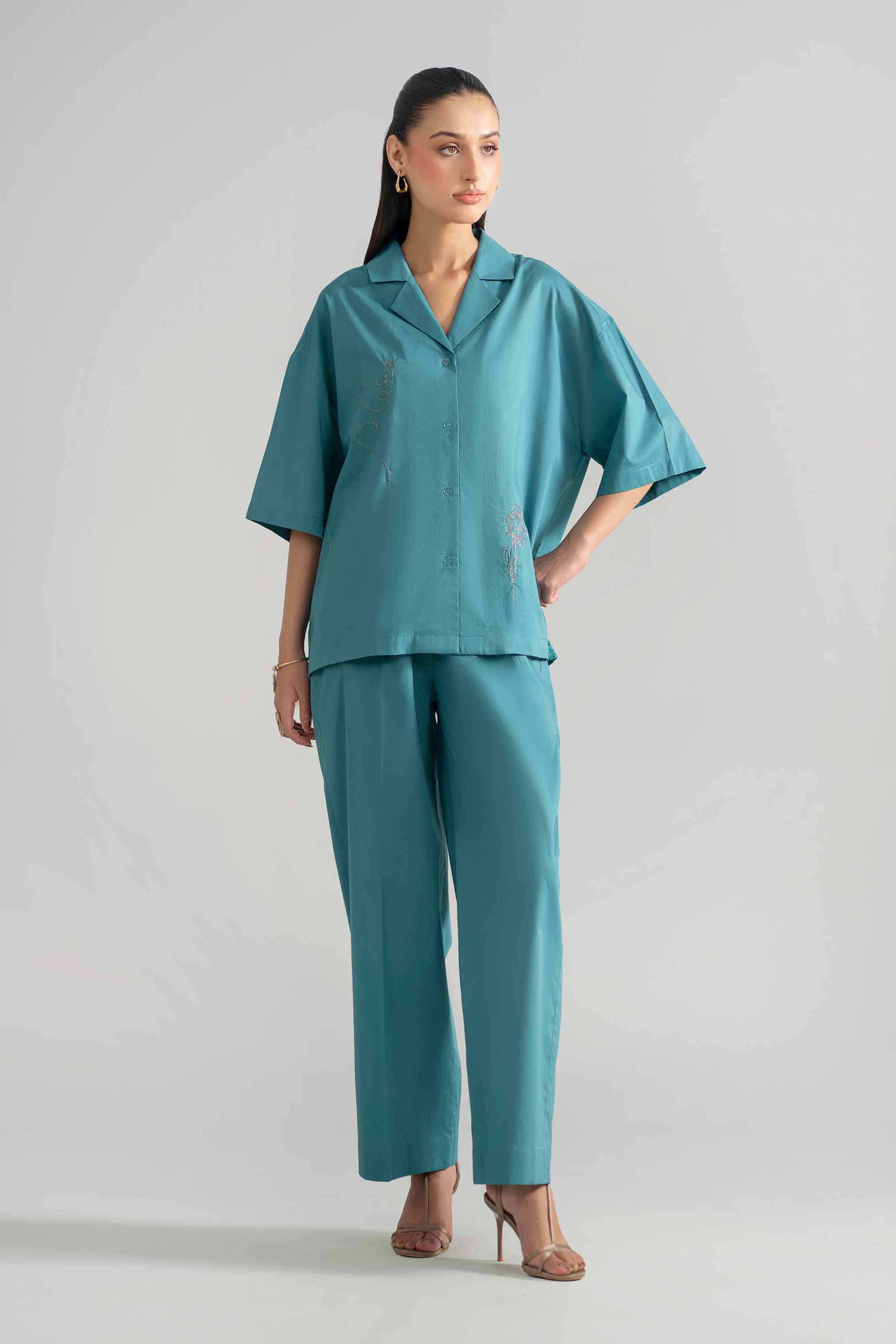 2 Piece - Embroidered Suit - AS26-39 Blue Cambric 2PC Embroidered READY TO WEAR