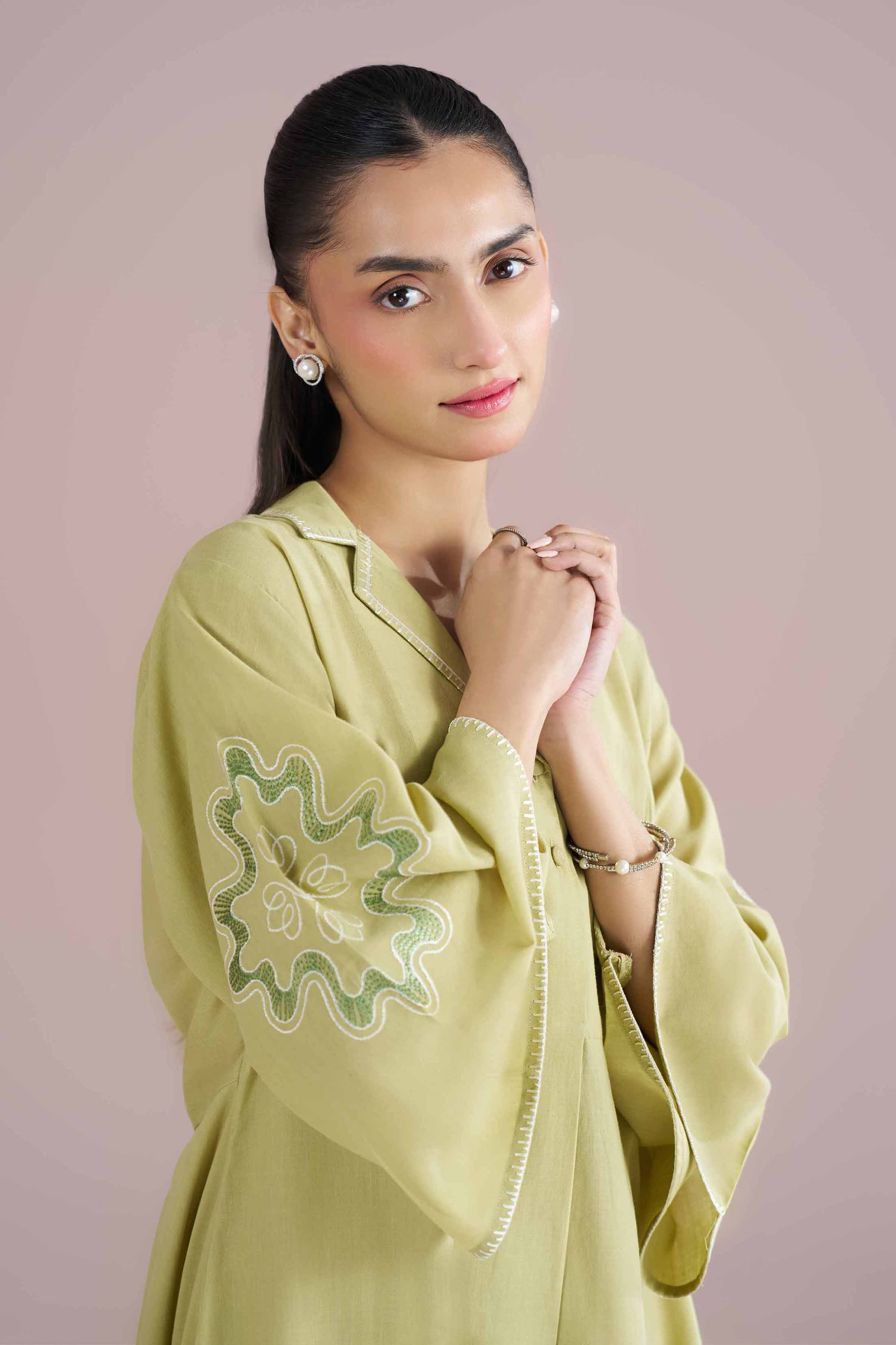 Embroidered Dress - AS26-41 Green Cambric 1PC Embroidered