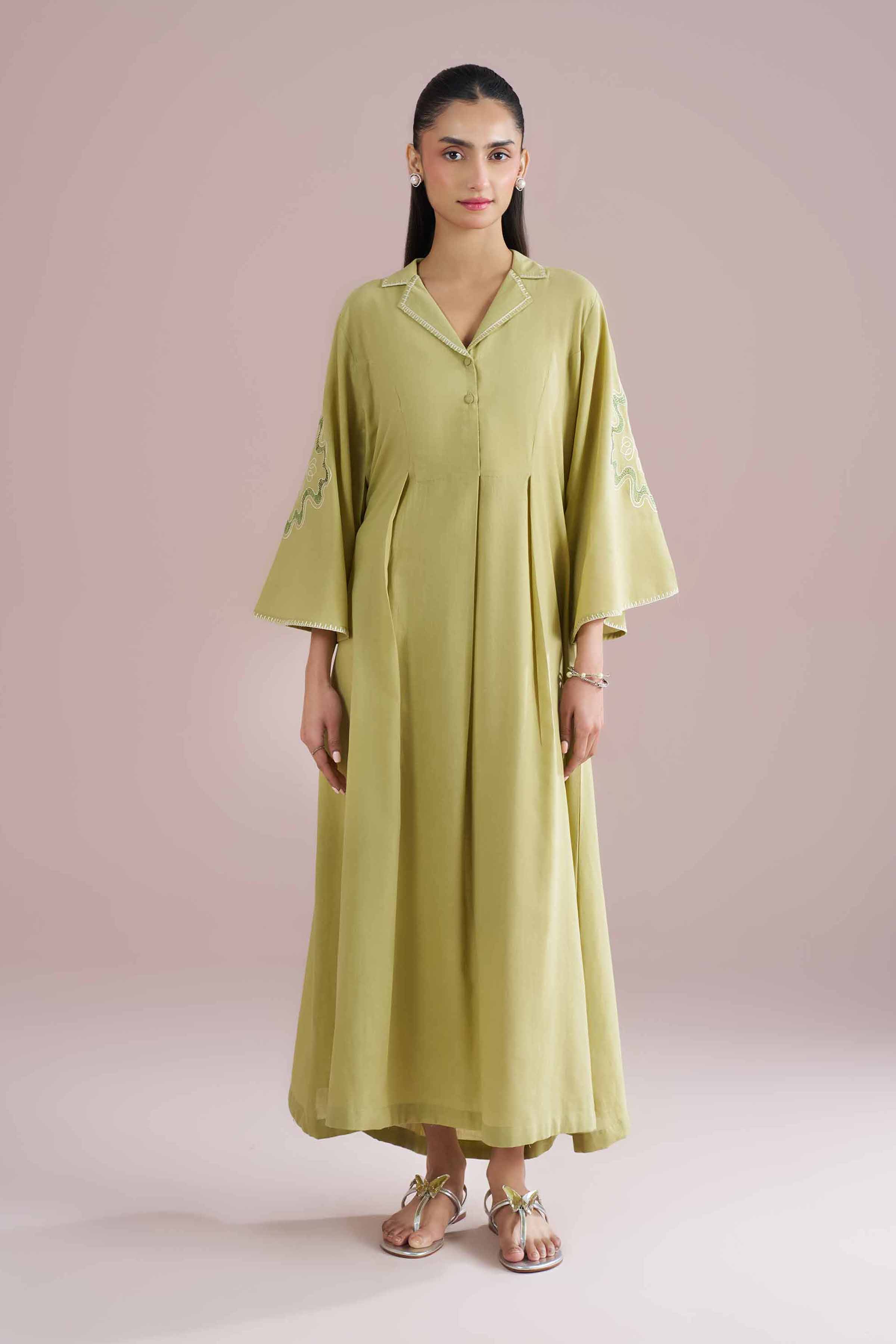 Embroidered Dress - AS26-41 Green Cambric 1PC Embroidered
