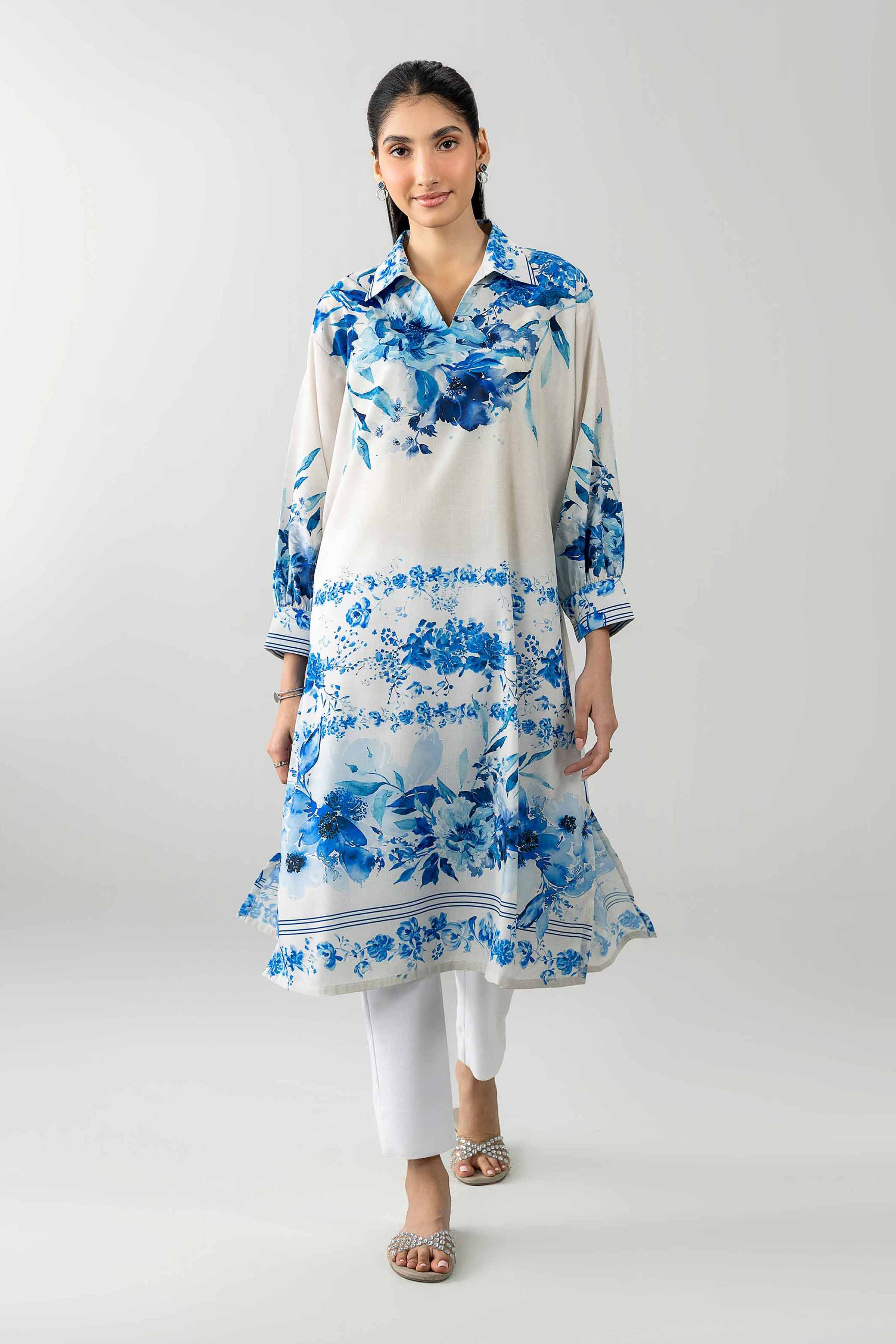 Printed Tunic - AS26-46 White Silk 1PC Printed READY TO WEAR