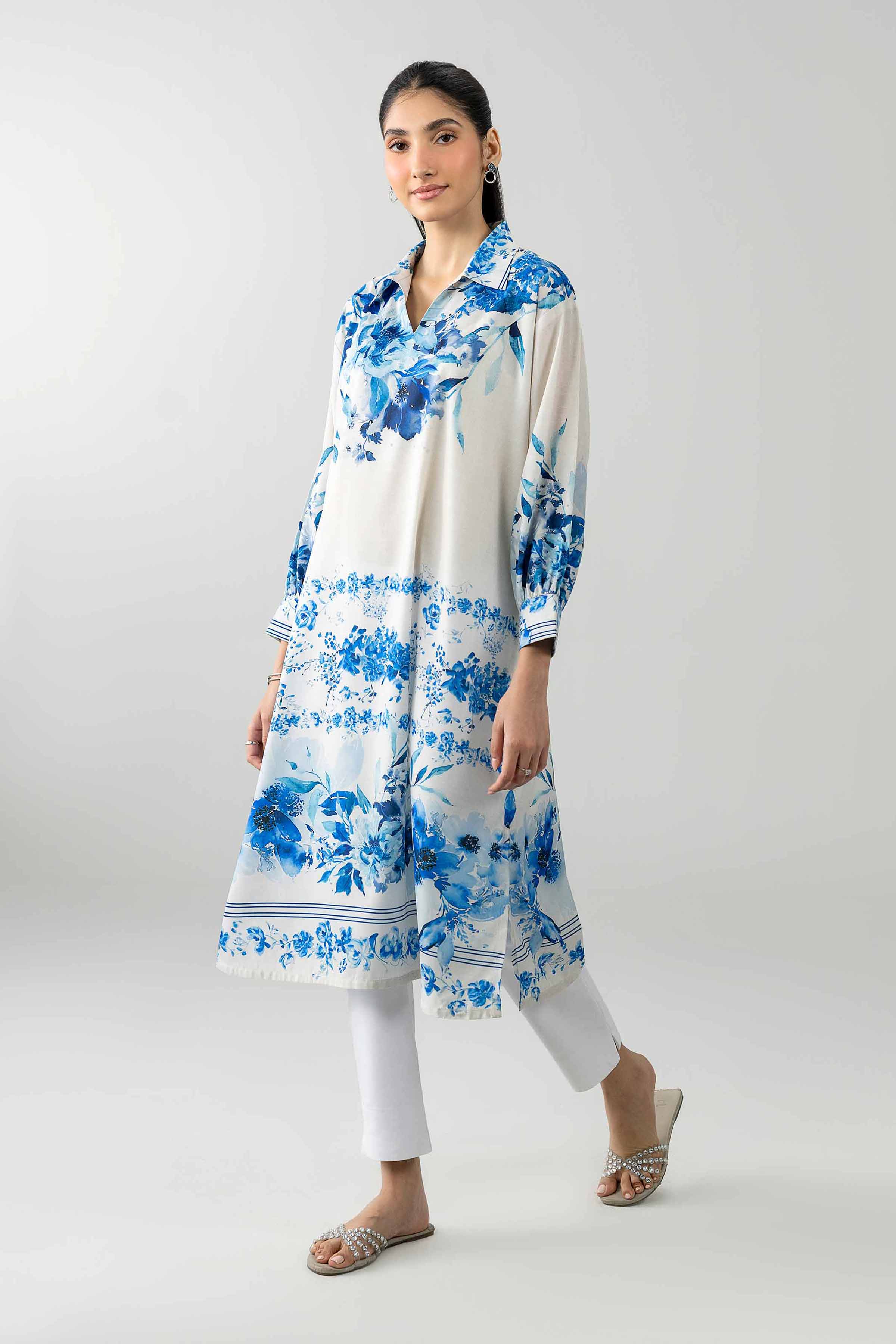 Printed Tunic - AS26-46 White Silk 1PC Printed READY TO WEAR