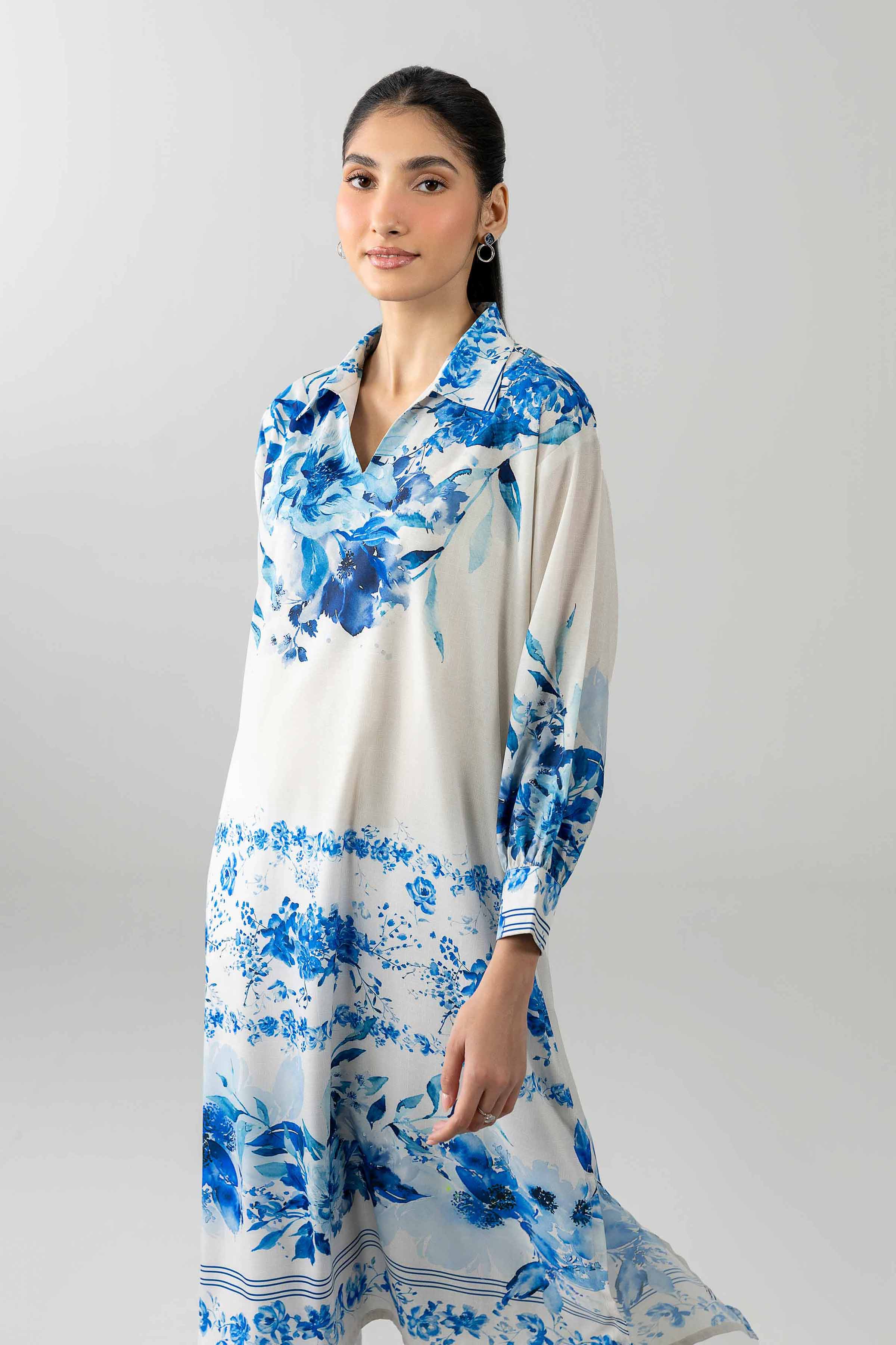 Printed Tunic - AS26-46 White Silk 1PC Printed READY TO WEAR