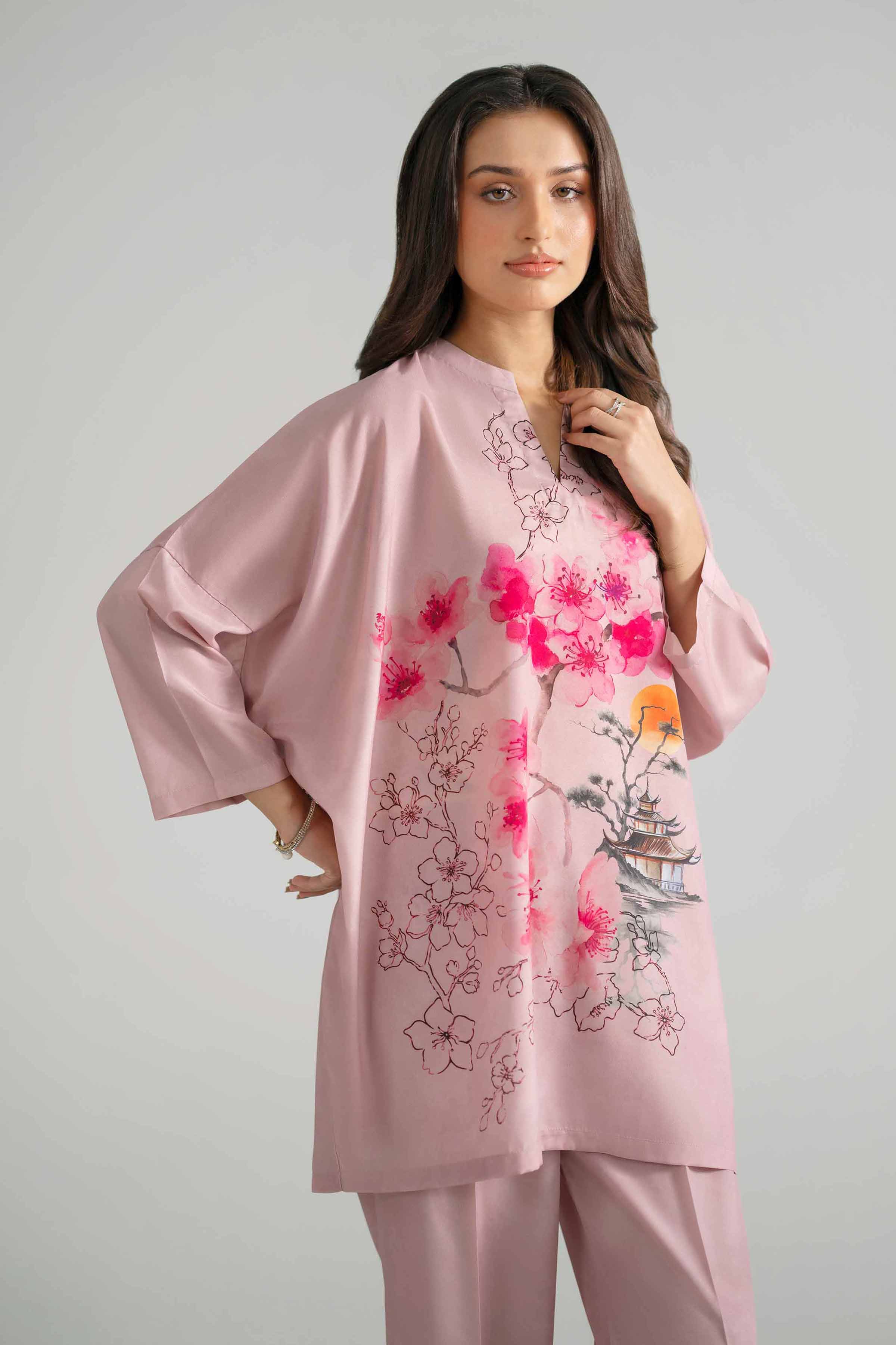 2 Piece - Printed Suit - AS26-47 Pink Silk 2PC Printed READY TO WEAR