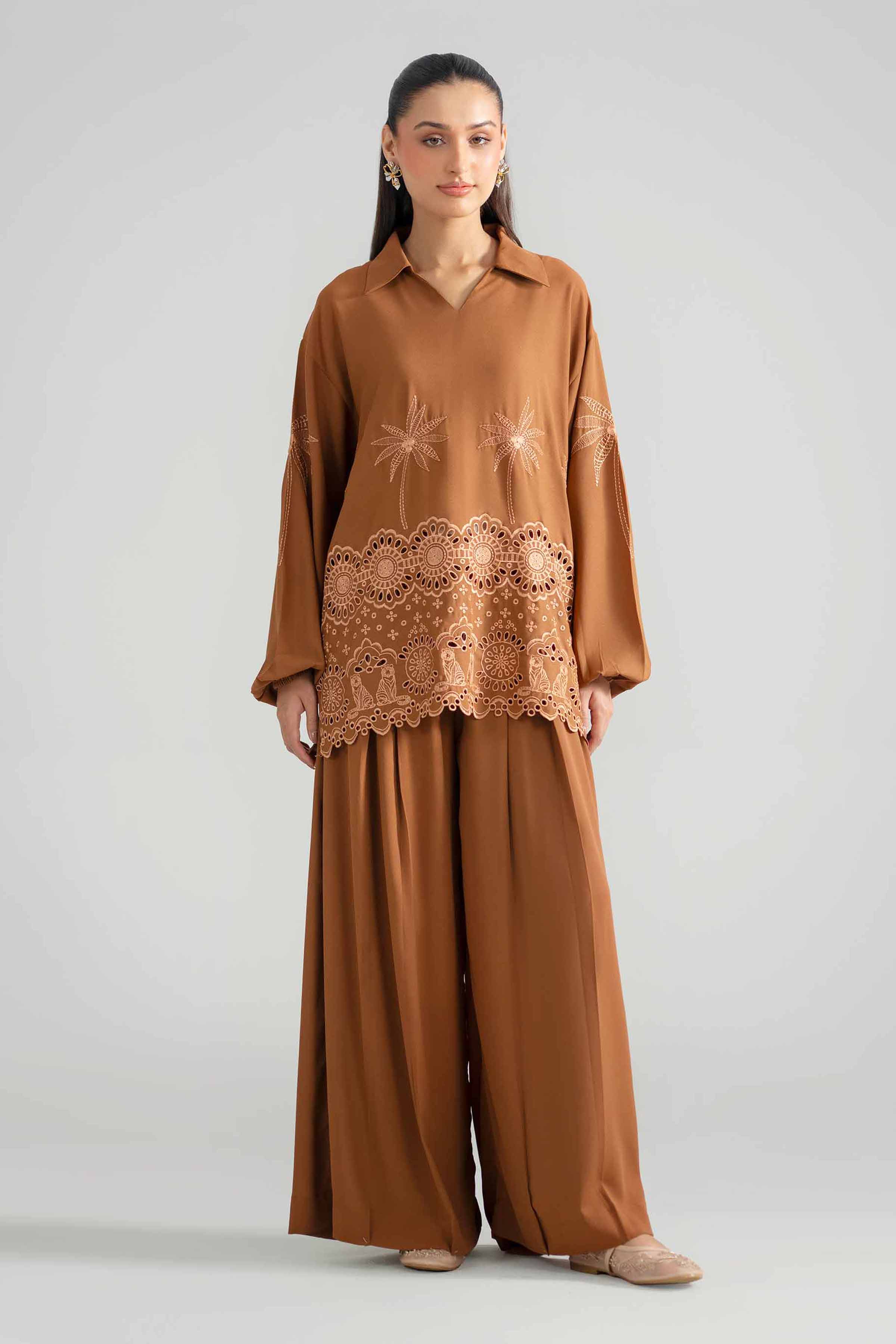 2 Piece - Embroidered Suit - AS26-55 Brown Georgette 2PC Embroidered READY TO WEAR