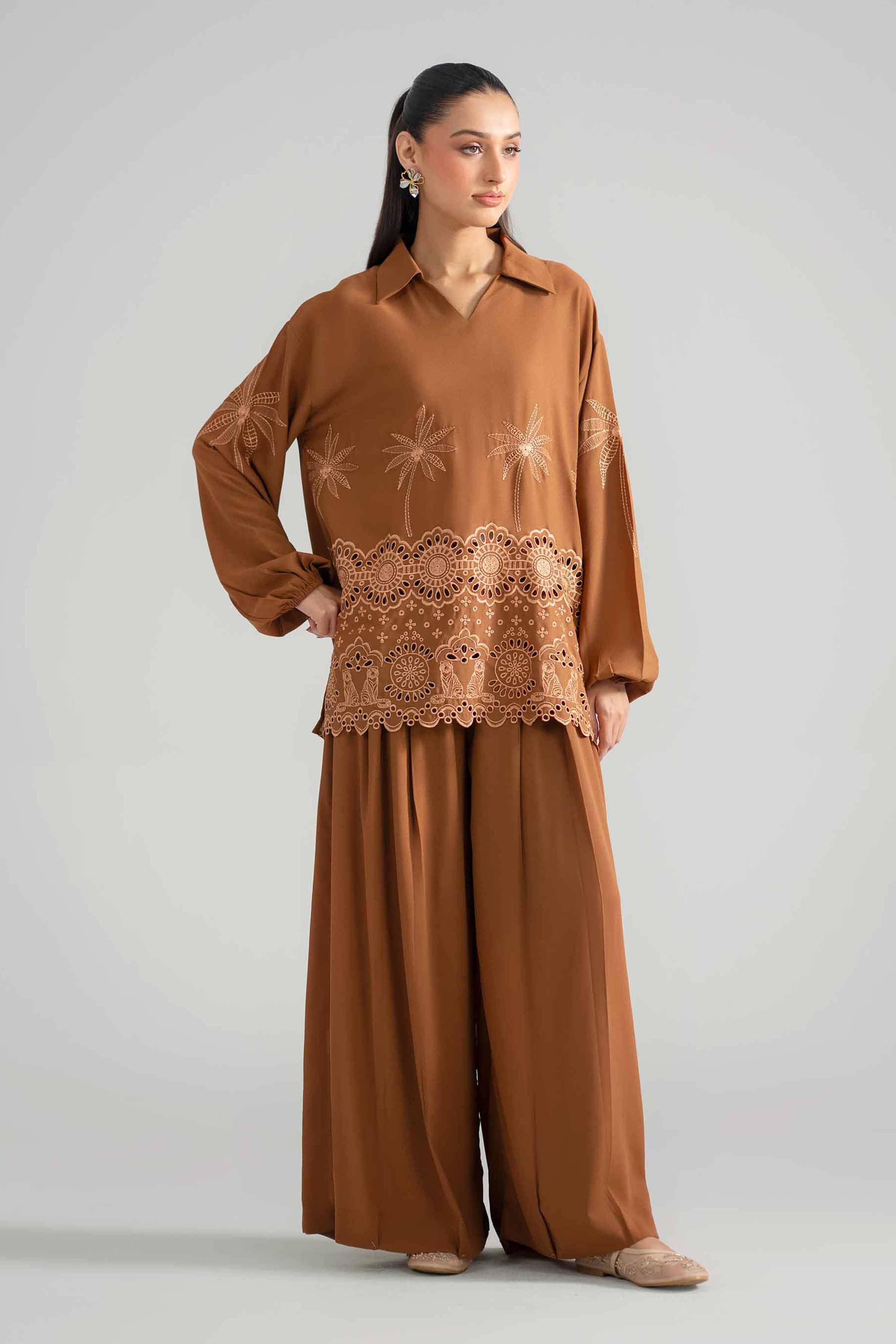 2 Piece - Embroidered Suit - AS26-55 Brown Georgette 2PC Embroidered READY TO WEAR