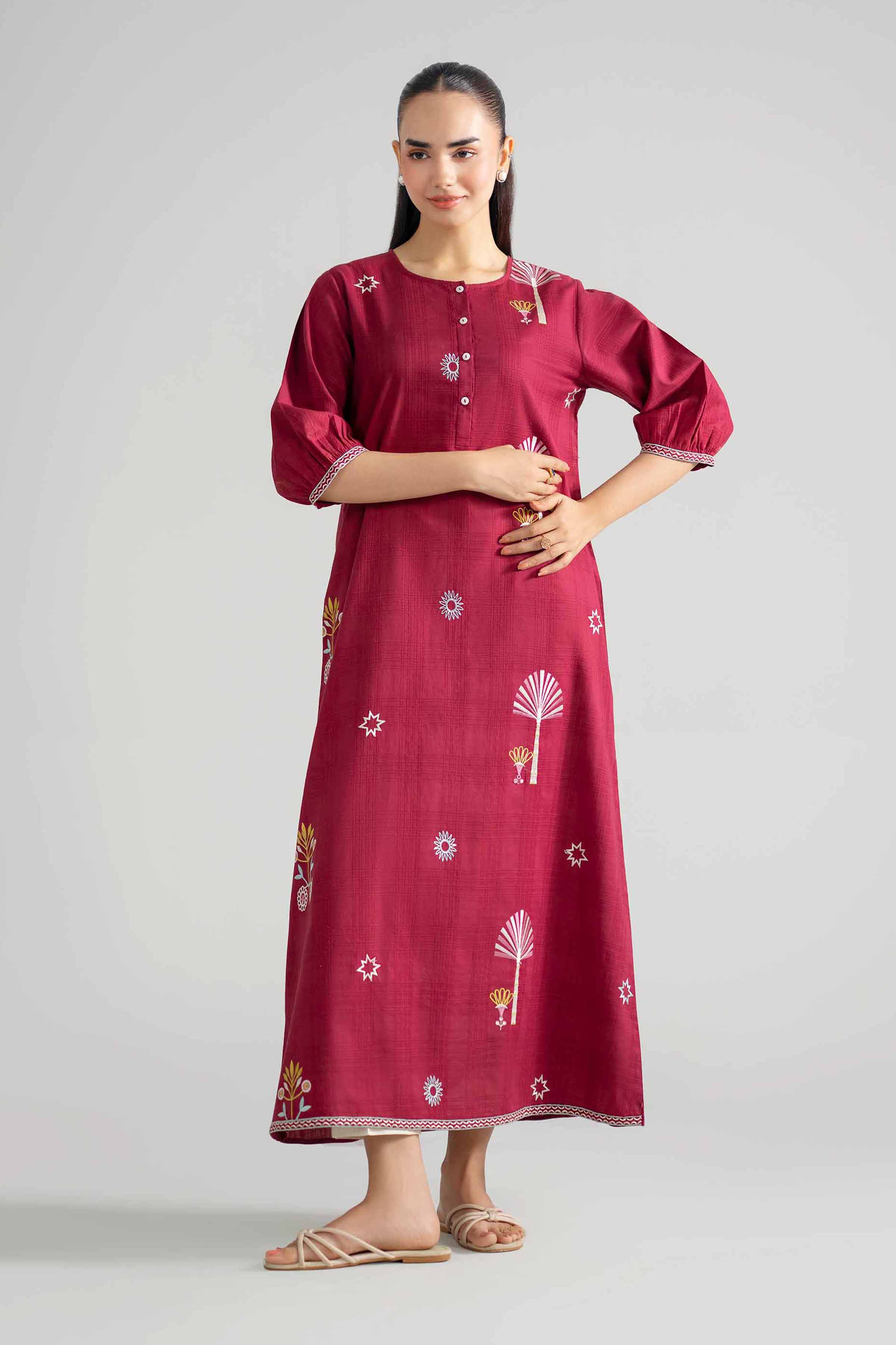 Embroidered Dress - AS26-58 Red Leno Kara 1PC Embroidered READY TO WEAR
