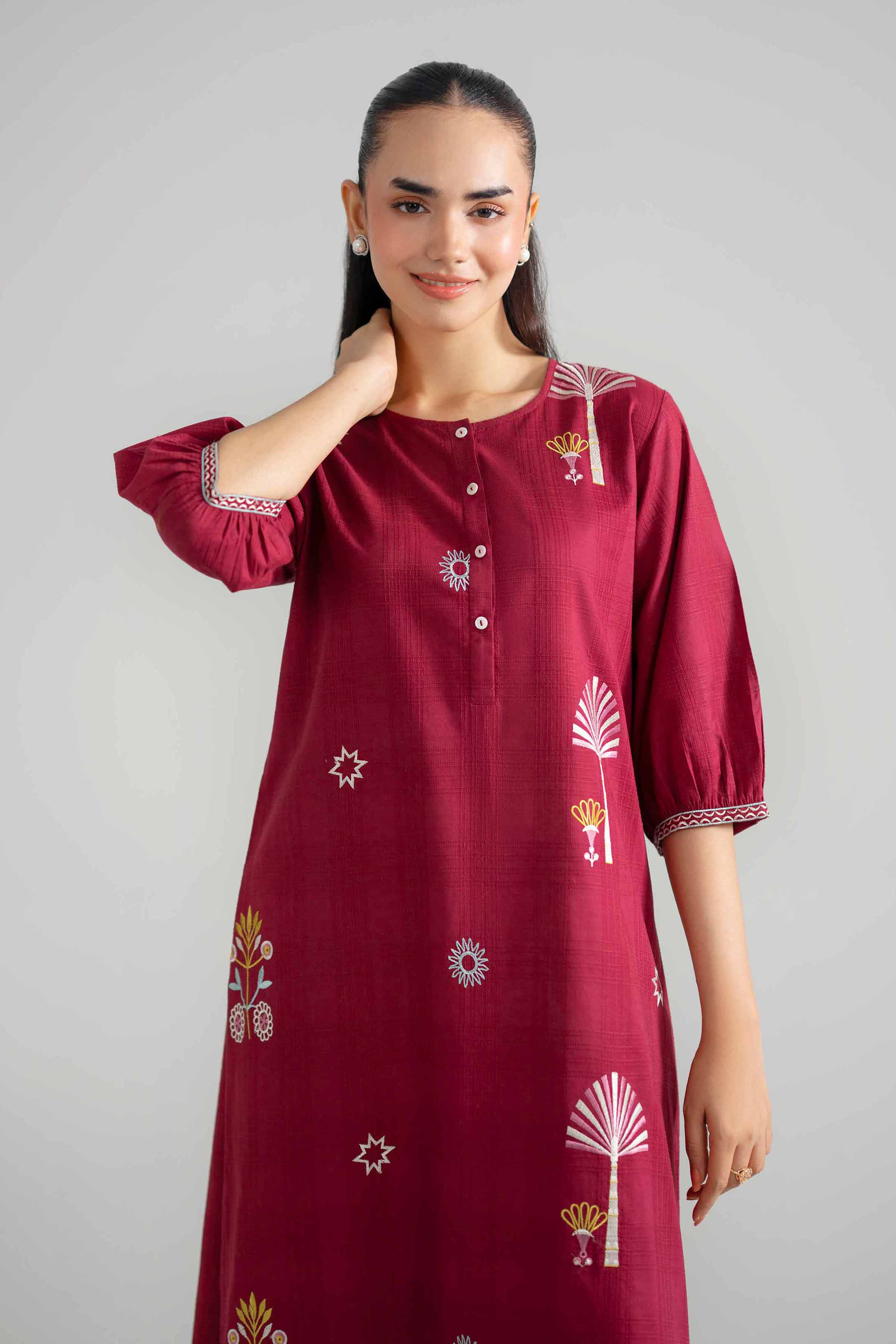 Embroidered Dress - AS26-58 Red Leno Kara 1PC Embroidered READY TO WEAR