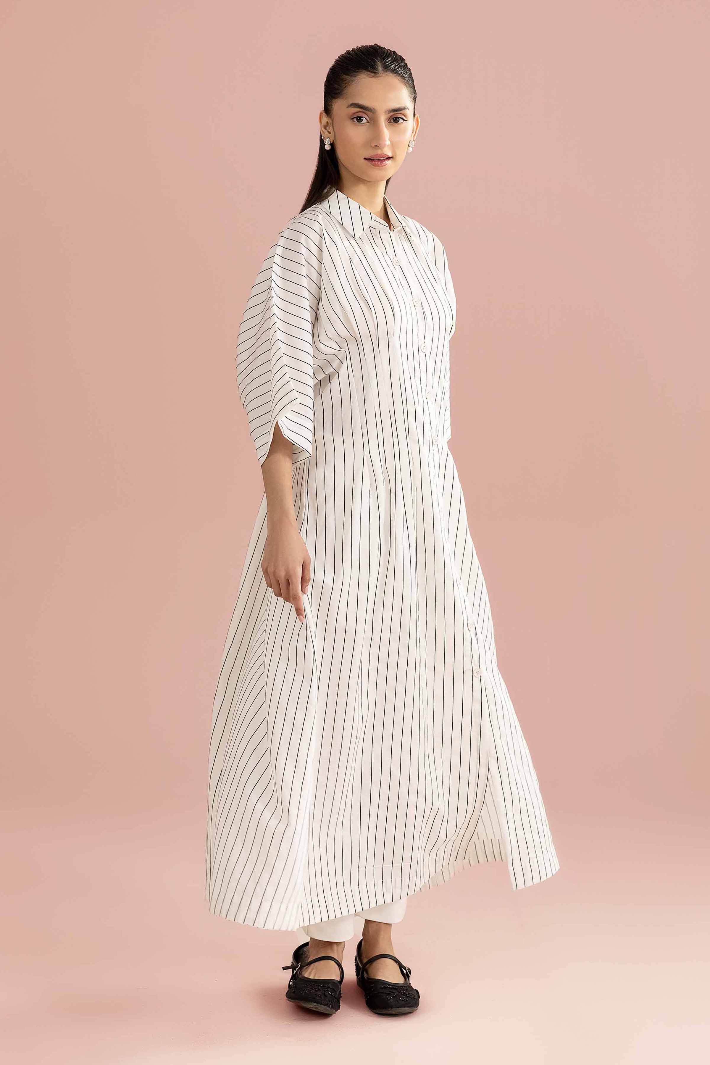 Printed Dress - AS26-60 White Cotton 1PC Printed READY TO WEAR