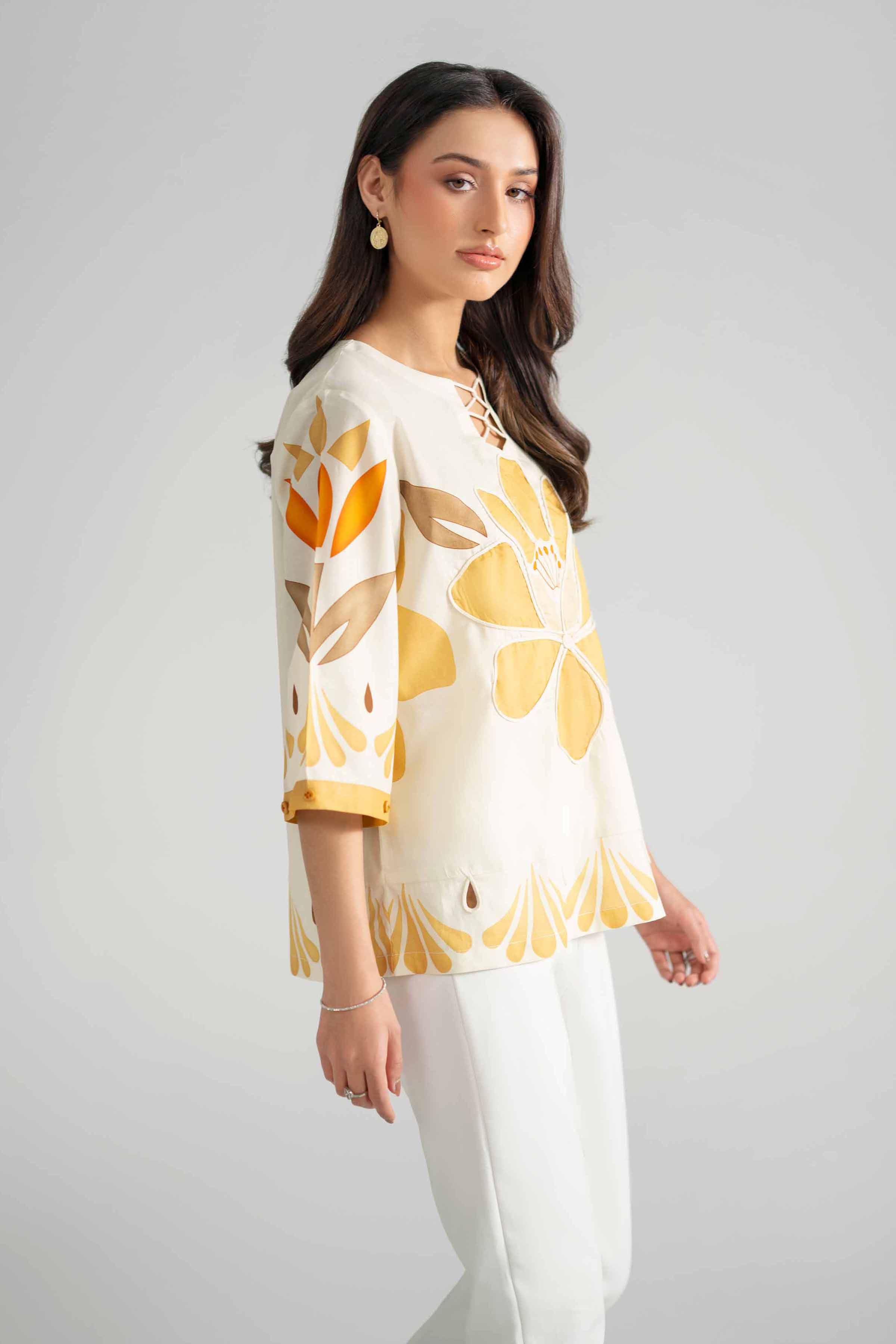 Printed Tunic - AS26-63 Off White Cambric 1PC Printed READY TO WEAR