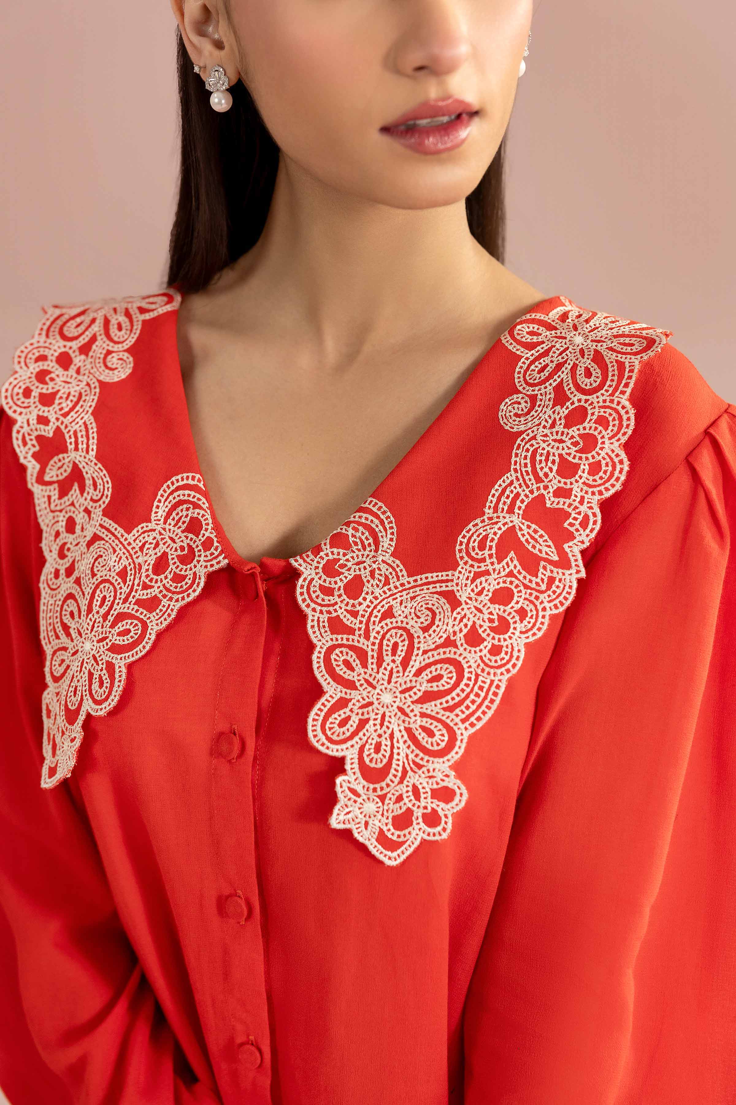 Embroidered Tunic - AS26-70 Orange Fine Crepe 1PC Embroidered