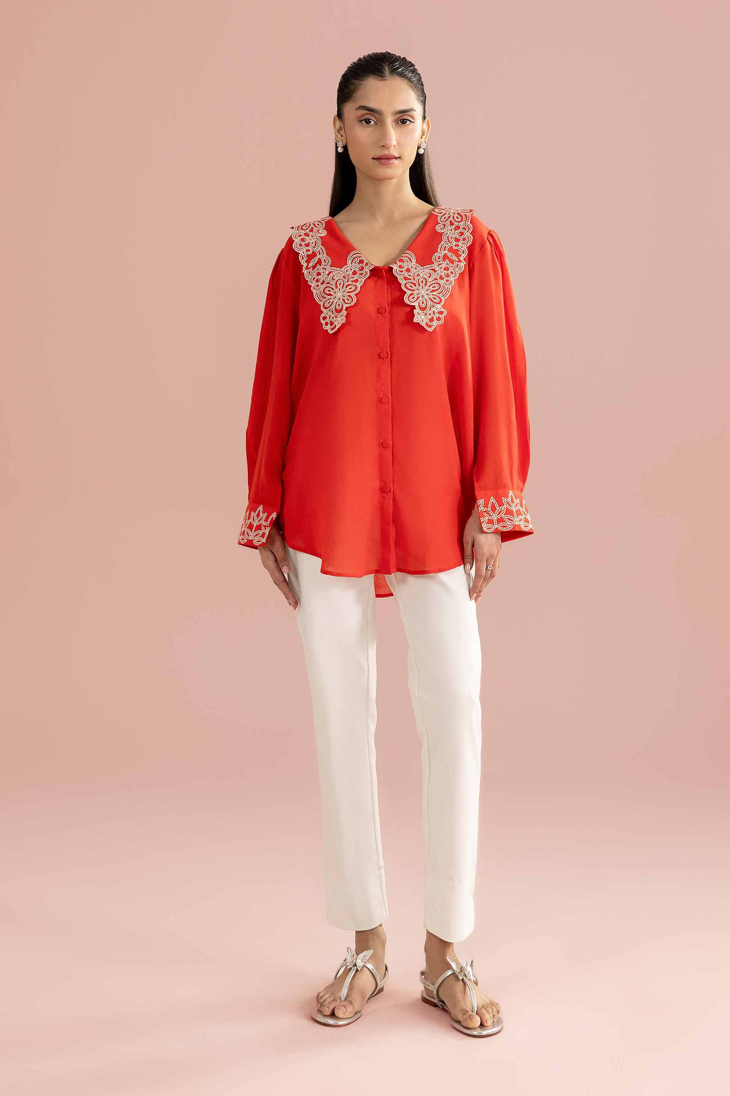 Embroidered Tunic - AS26-70 Orange Fine Crepe 1PC Embroidered