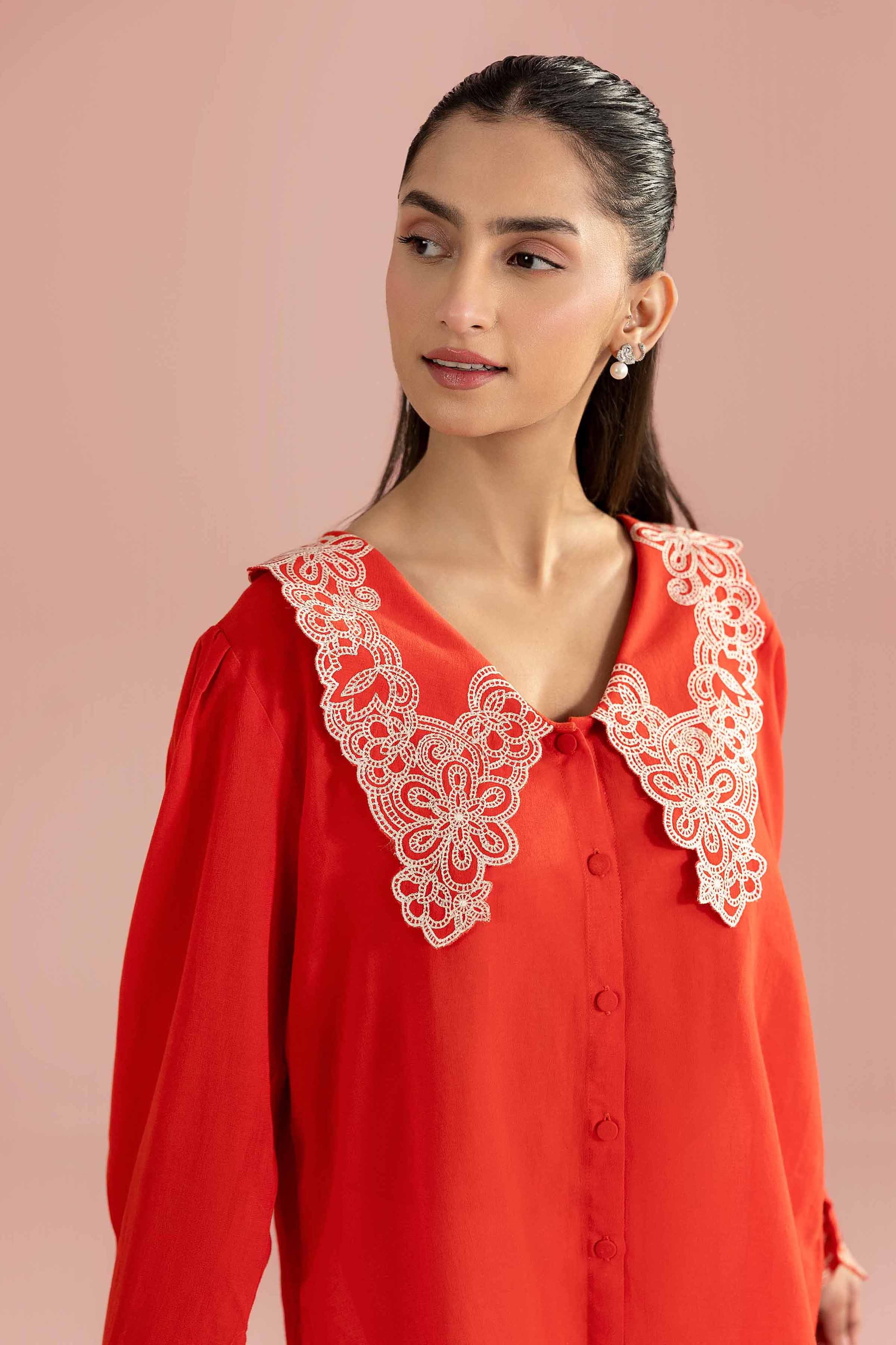Embroidered Tunic - AS26-70 Orange Fine Crepe 1PC Embroidered