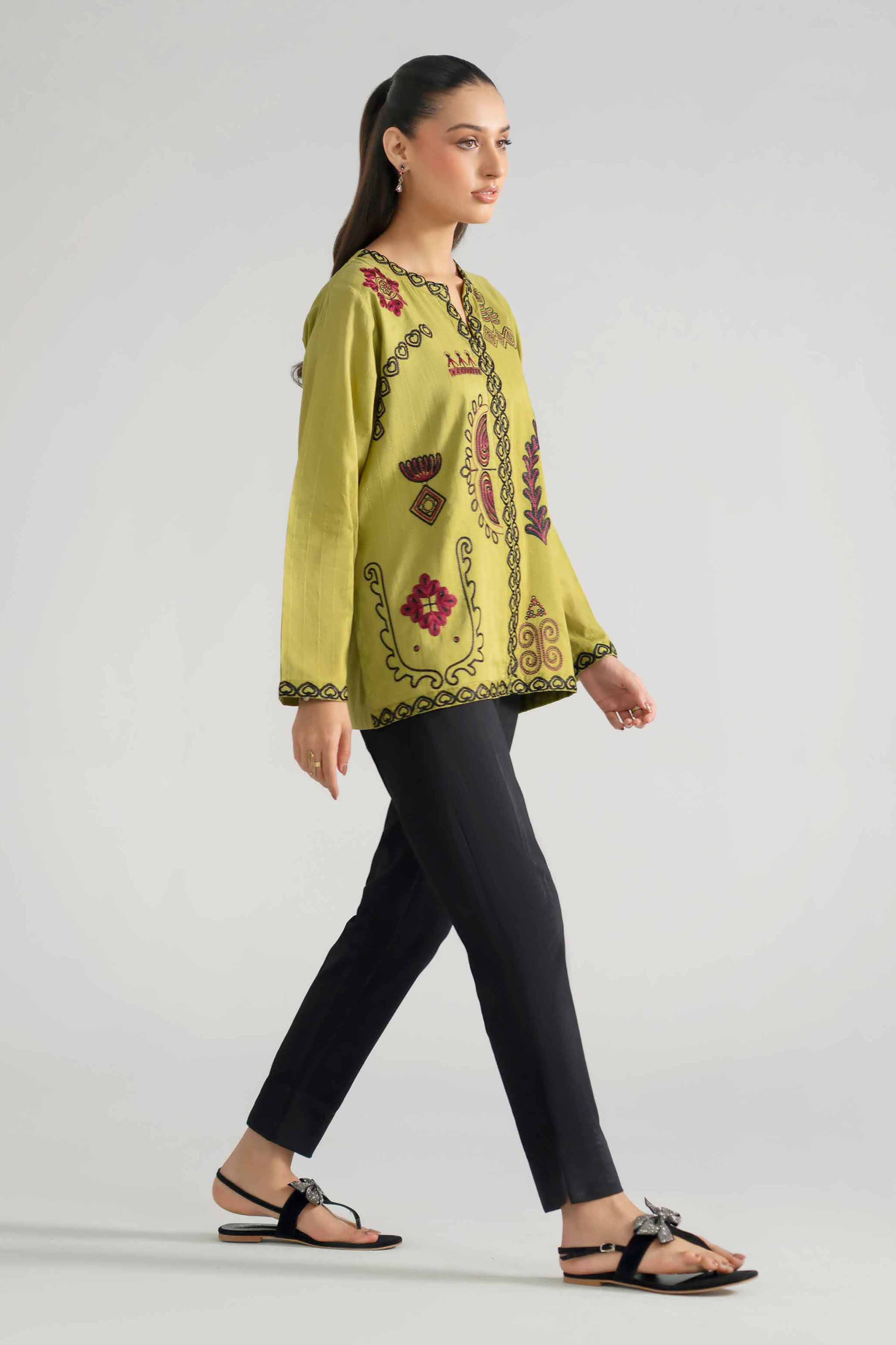 Embroidered Tunic - AS26-73 Green Leno Kara 1PC Embroidered READY TO WEAR