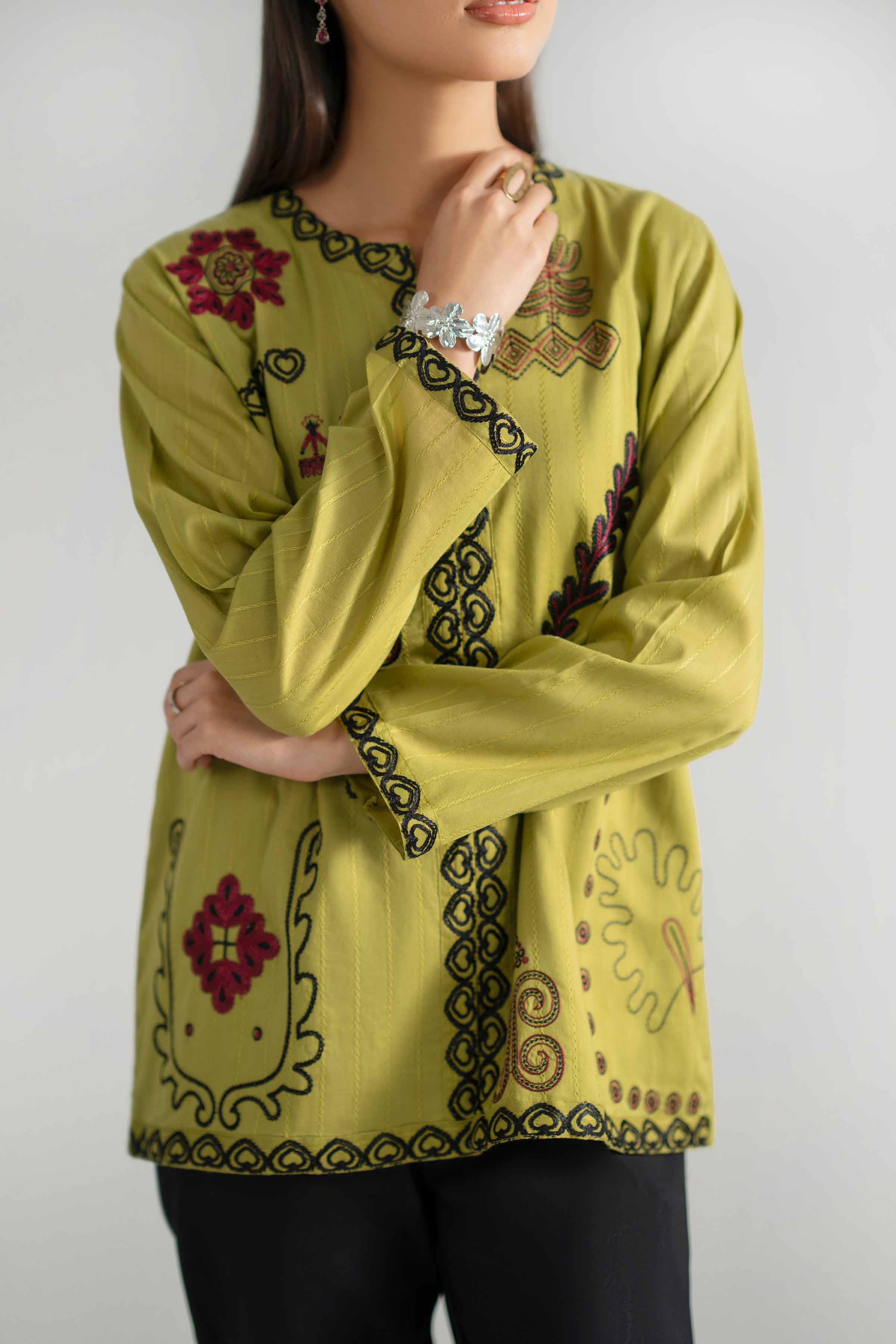 Embroidered Tunic - AS26-73 Green Leno Kara 1PC Embroidered READY TO WEAR