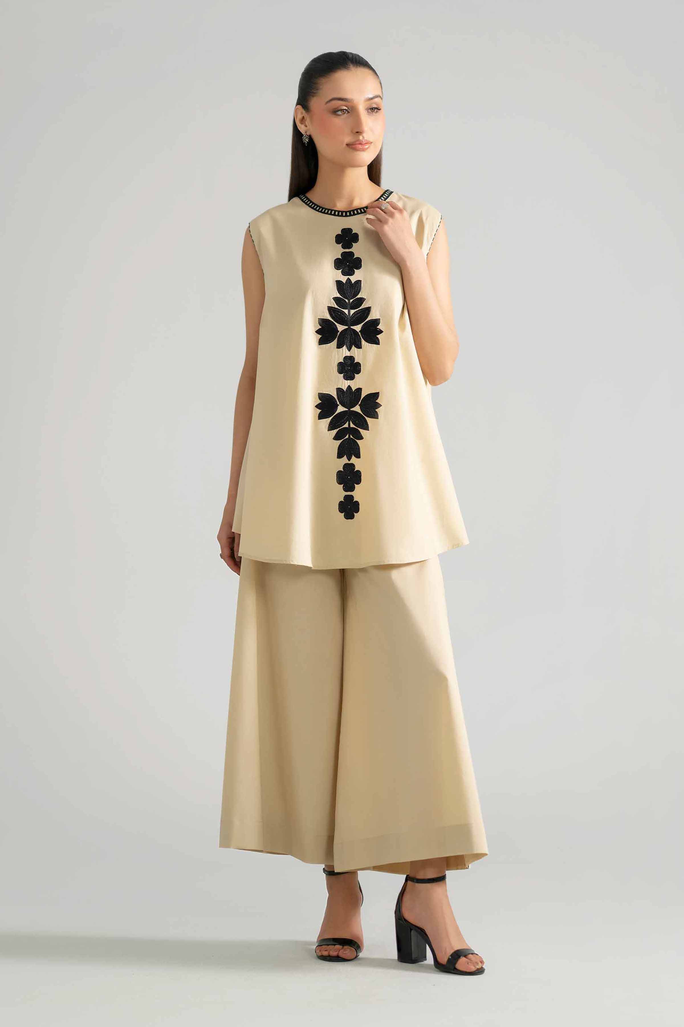 2 Piece - Embroidered Suit - AS26-84 Beige Cambric 2PC Embroidered