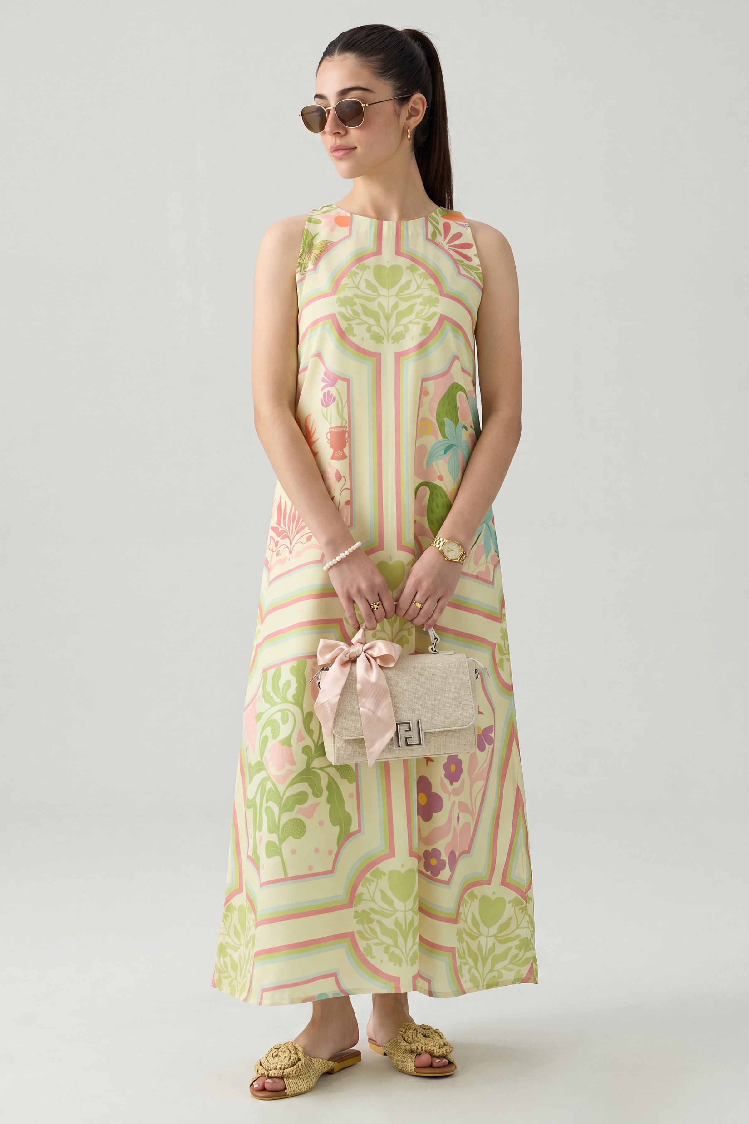Printed Dress - AS26-91 Off White  Silk 1PC Printed Ready To Wear