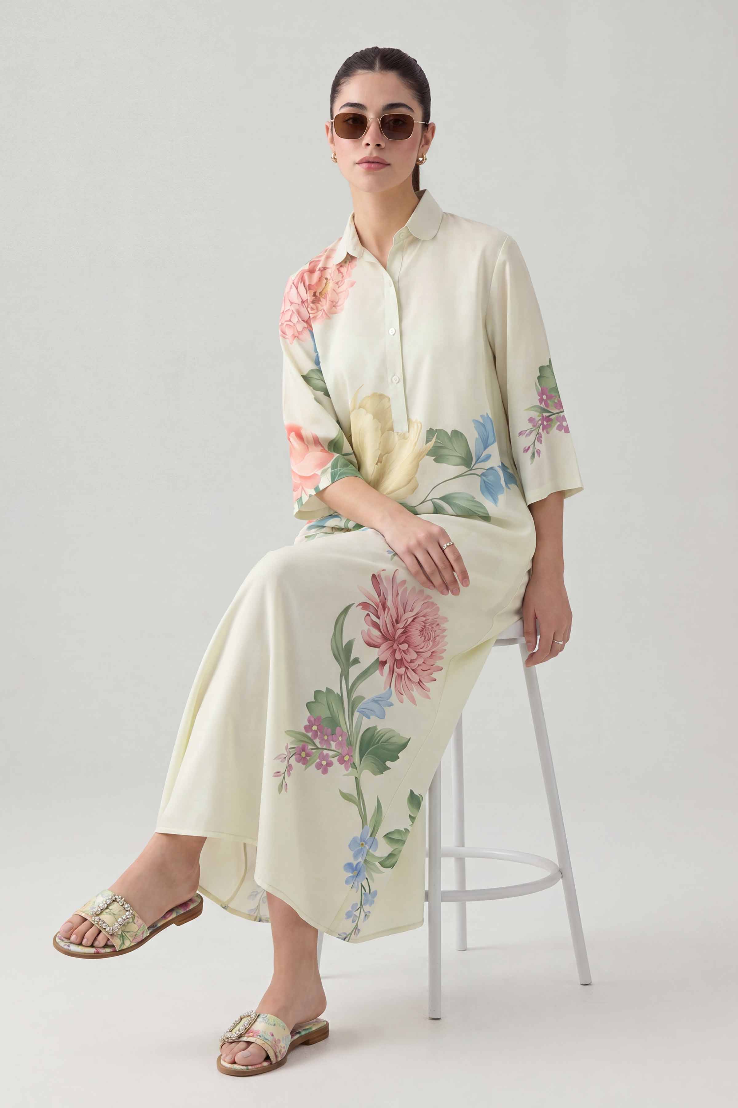 Printed Dress - AS26-92 Off White Silk 1PC Printed Ready To Wear