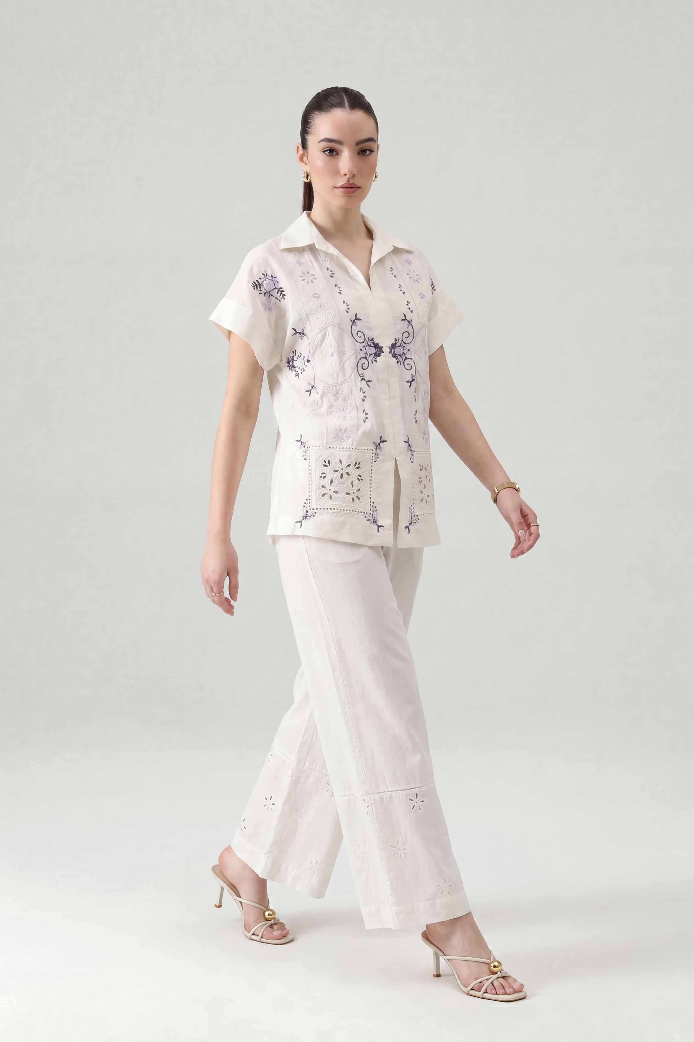 2 Piece - Embroidered Suit - AS26-98 White Cambric 2PC Embroidered Ready To Wear