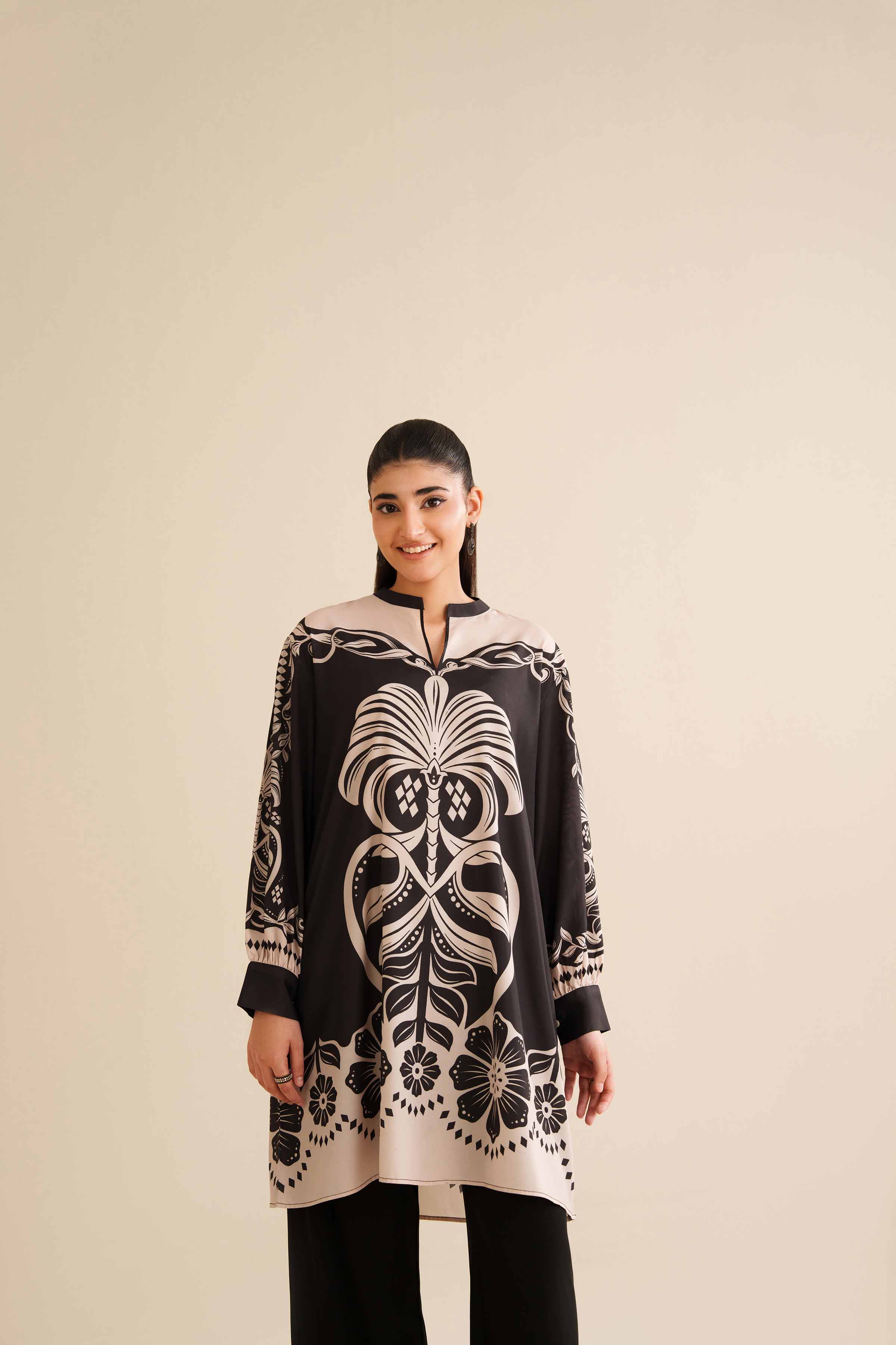 NISHATUAE - Black Printed Silk Ready to wear Tunic