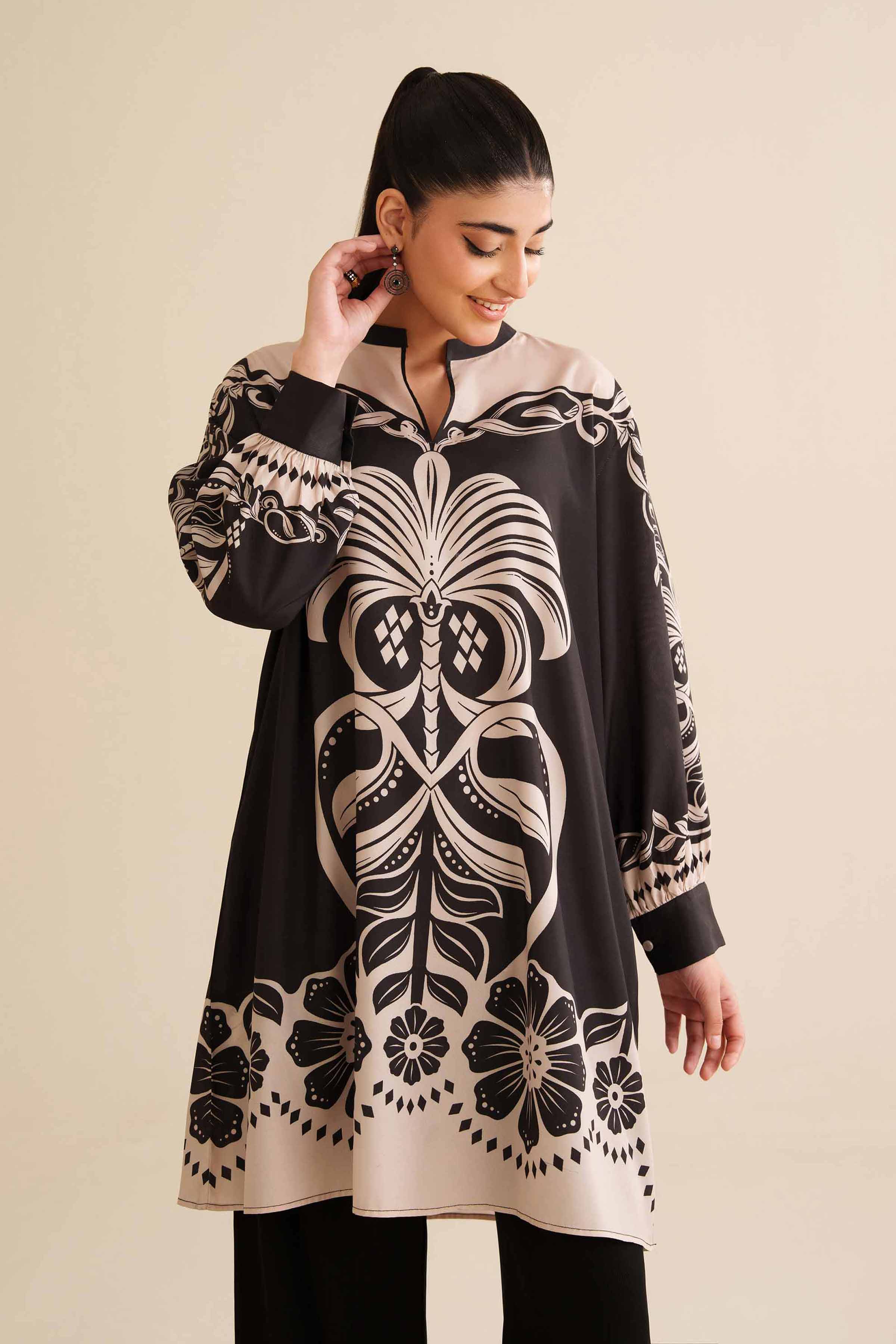 NISHATUAE - Black Printed Silk Ready to wear Tunic