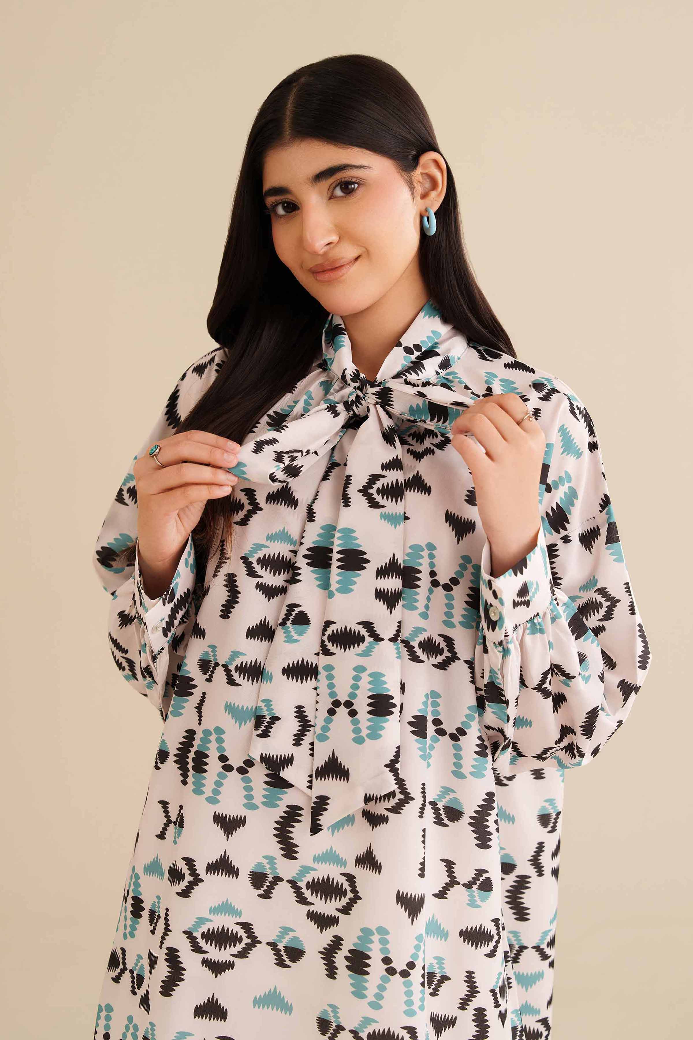 NISHATUAE - White Printed Silk Ready to wear Tunic