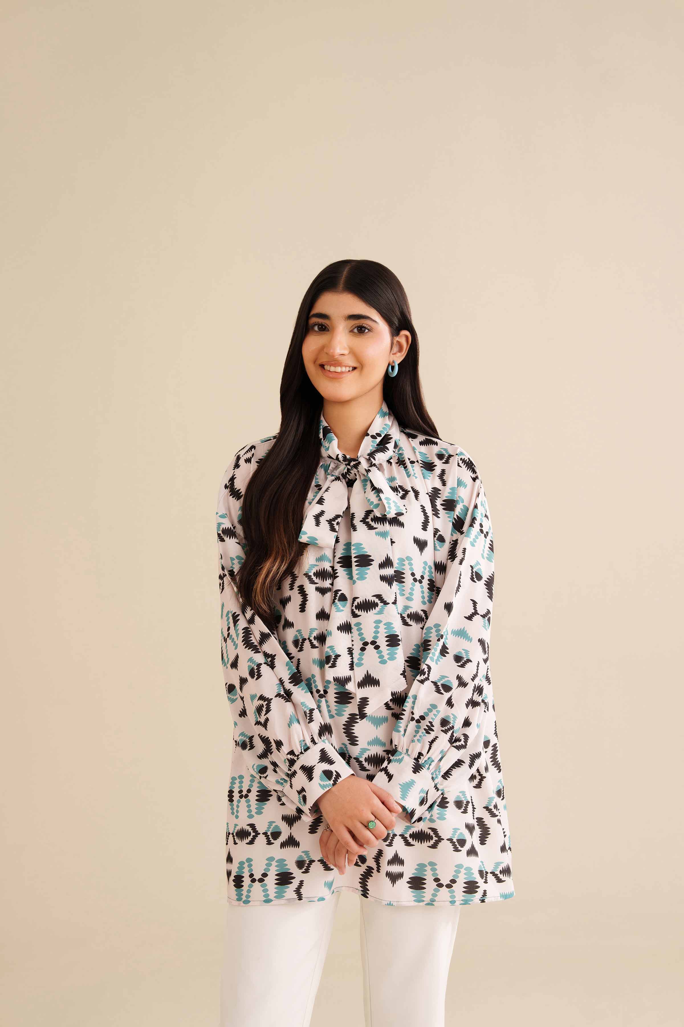 NISHATUAE - White Printed Silk Ready to wear Tunic